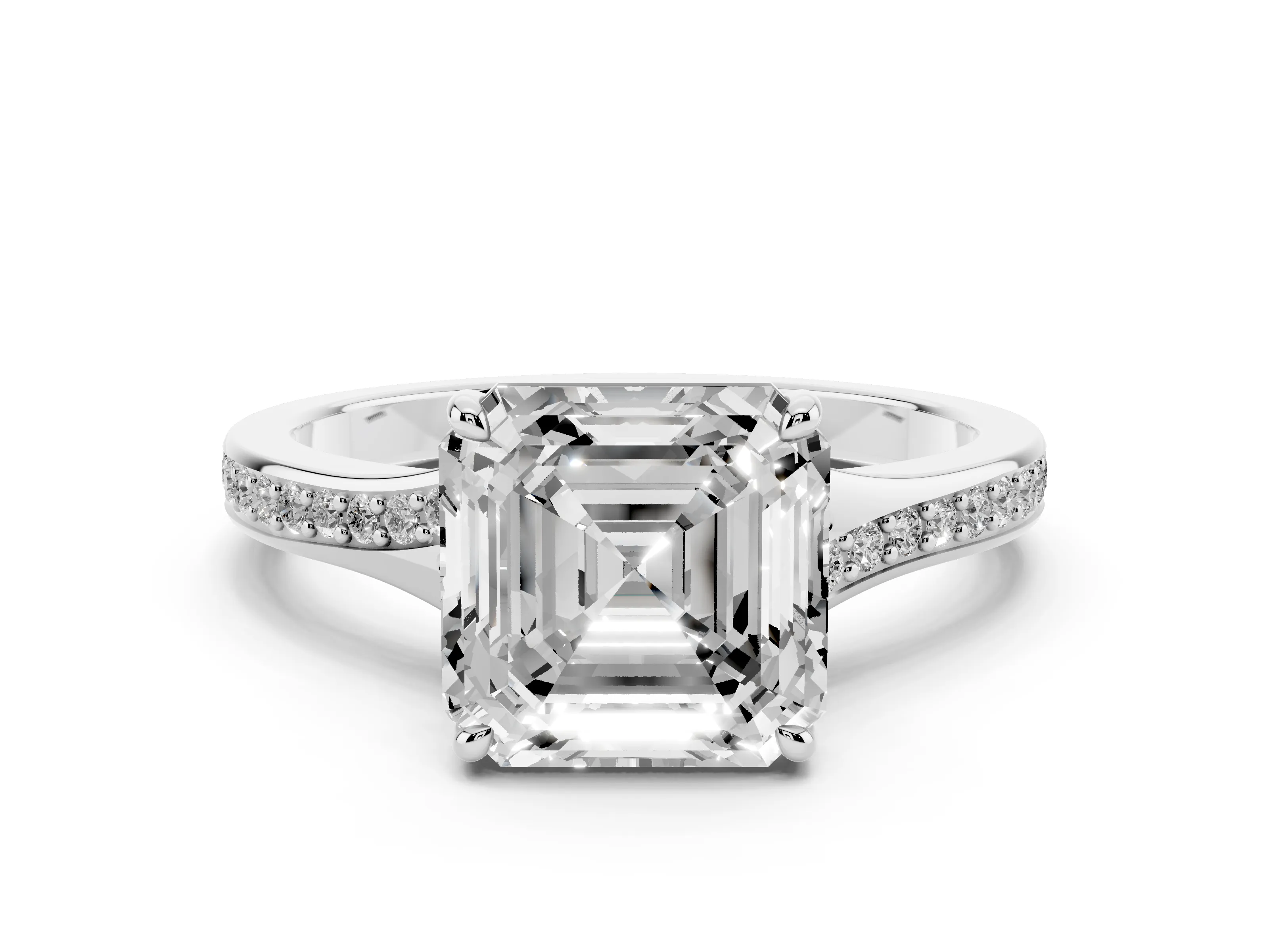 Asscher Cut Diamond Solitaire Ring Set in Silver with Pavé Accent Band and Classic Prong Setting