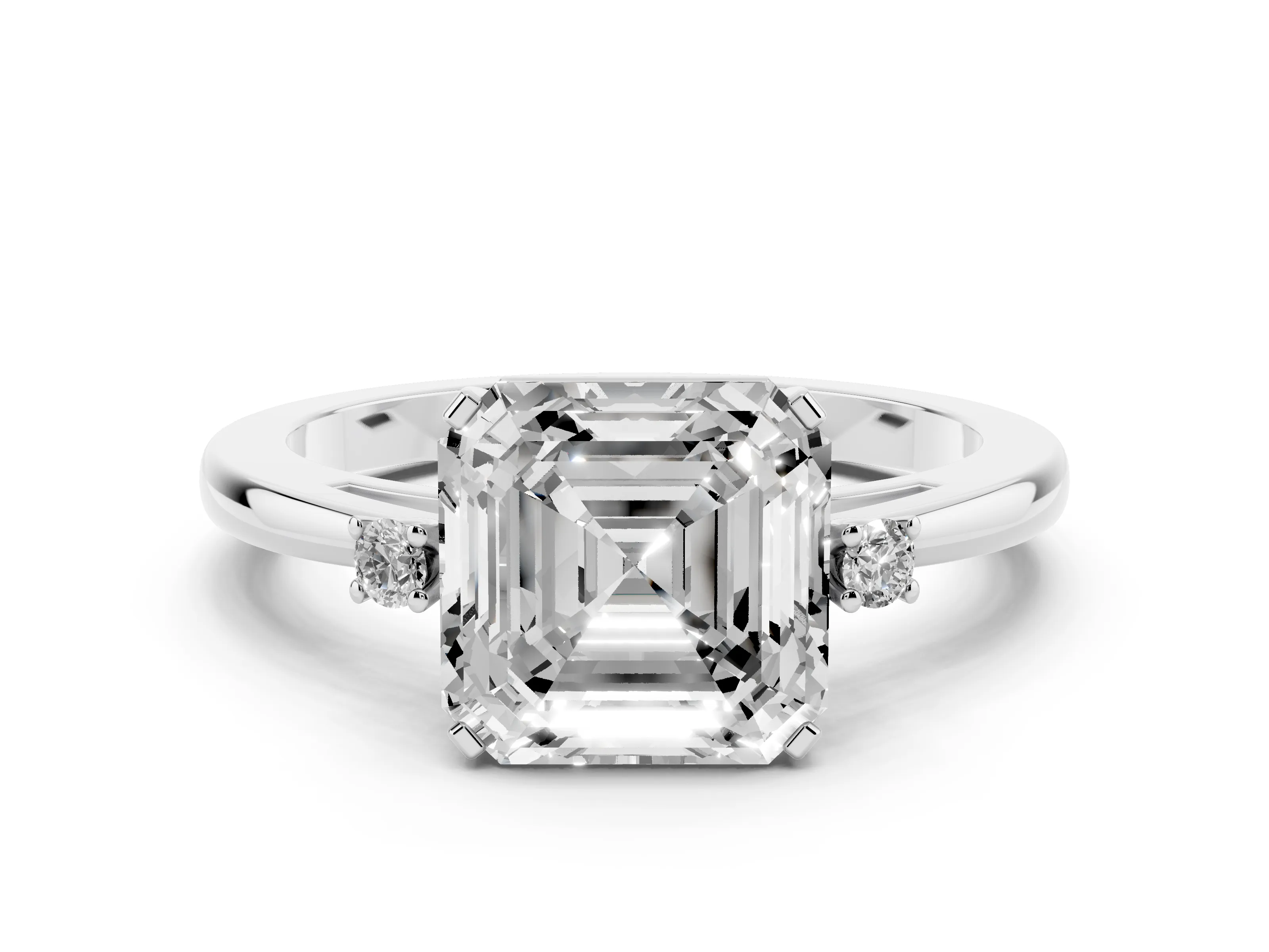 Three-Stone Asscher Cut Diamond Solitaire Ring Set in Silver with Round Accent Stones and Prong Setting