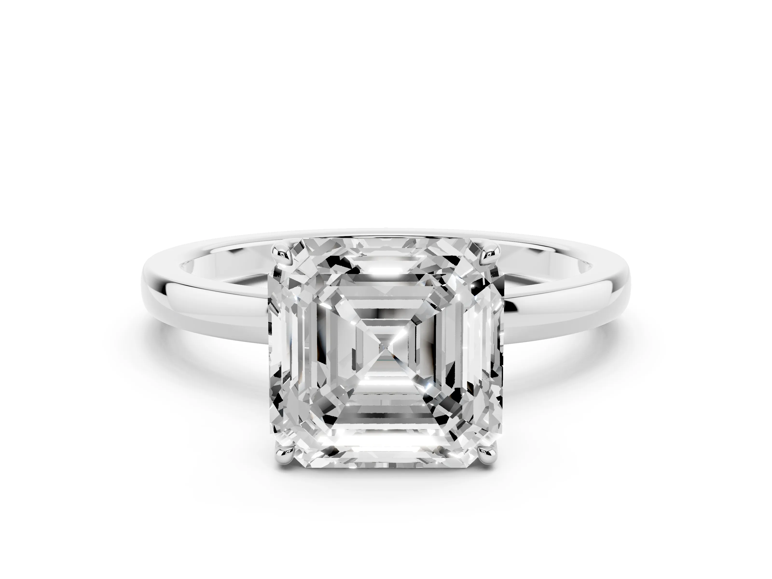 Asscher Cut Diamond Solitaire Ring Set in Platinum with Prong Setting and Thin Polished Band