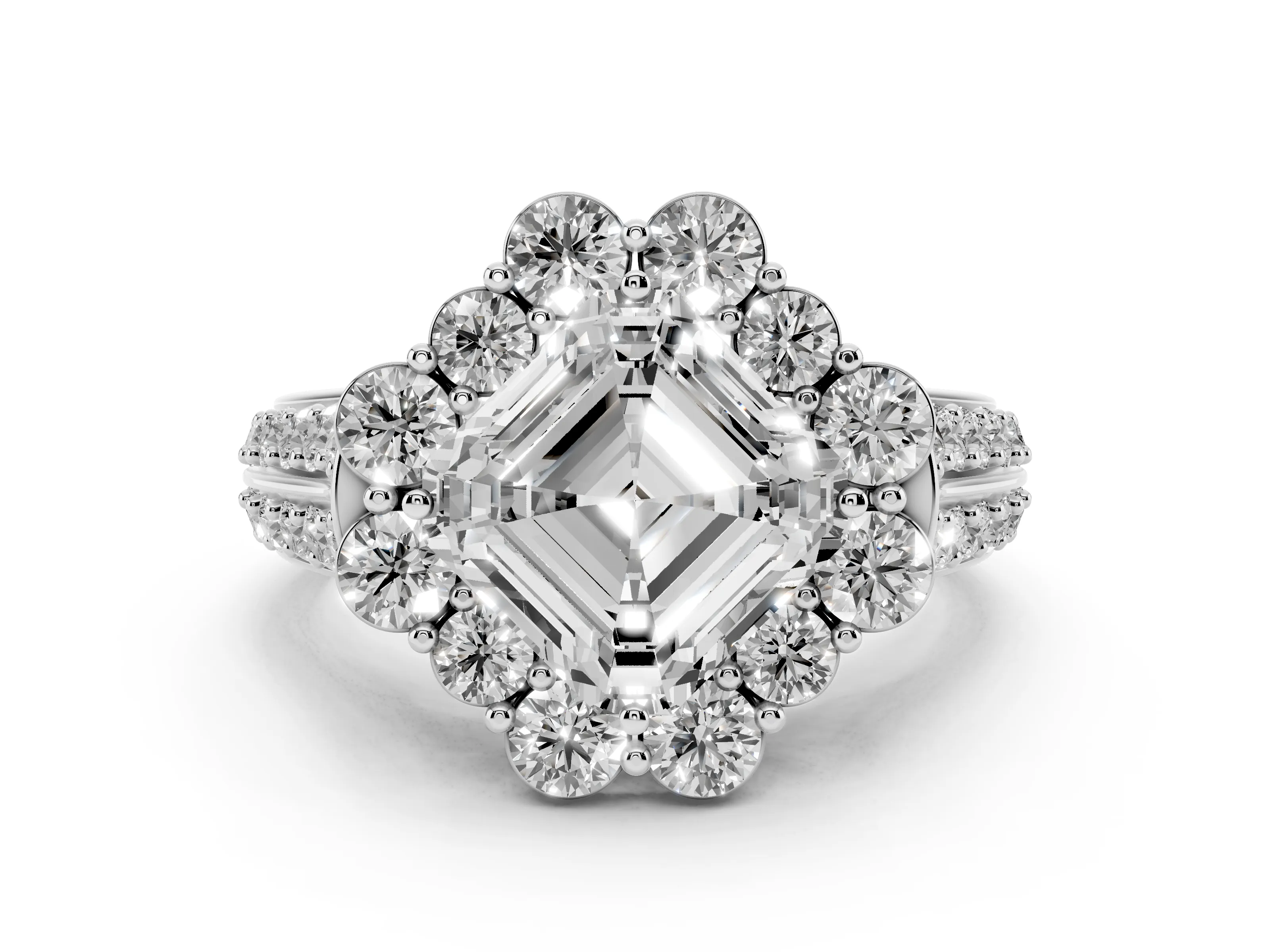 Asscher Cut Diamond Halo Engagement Ring Set in Silver with Split Shank and Prong Setting