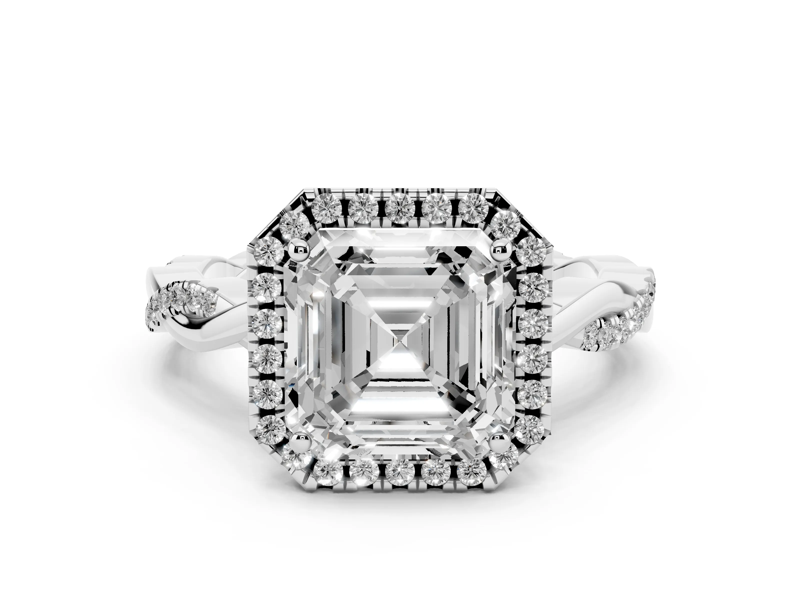 Asscher Cut Diamond Halo Twisted Band Ring Set in White gold with Prong Setting