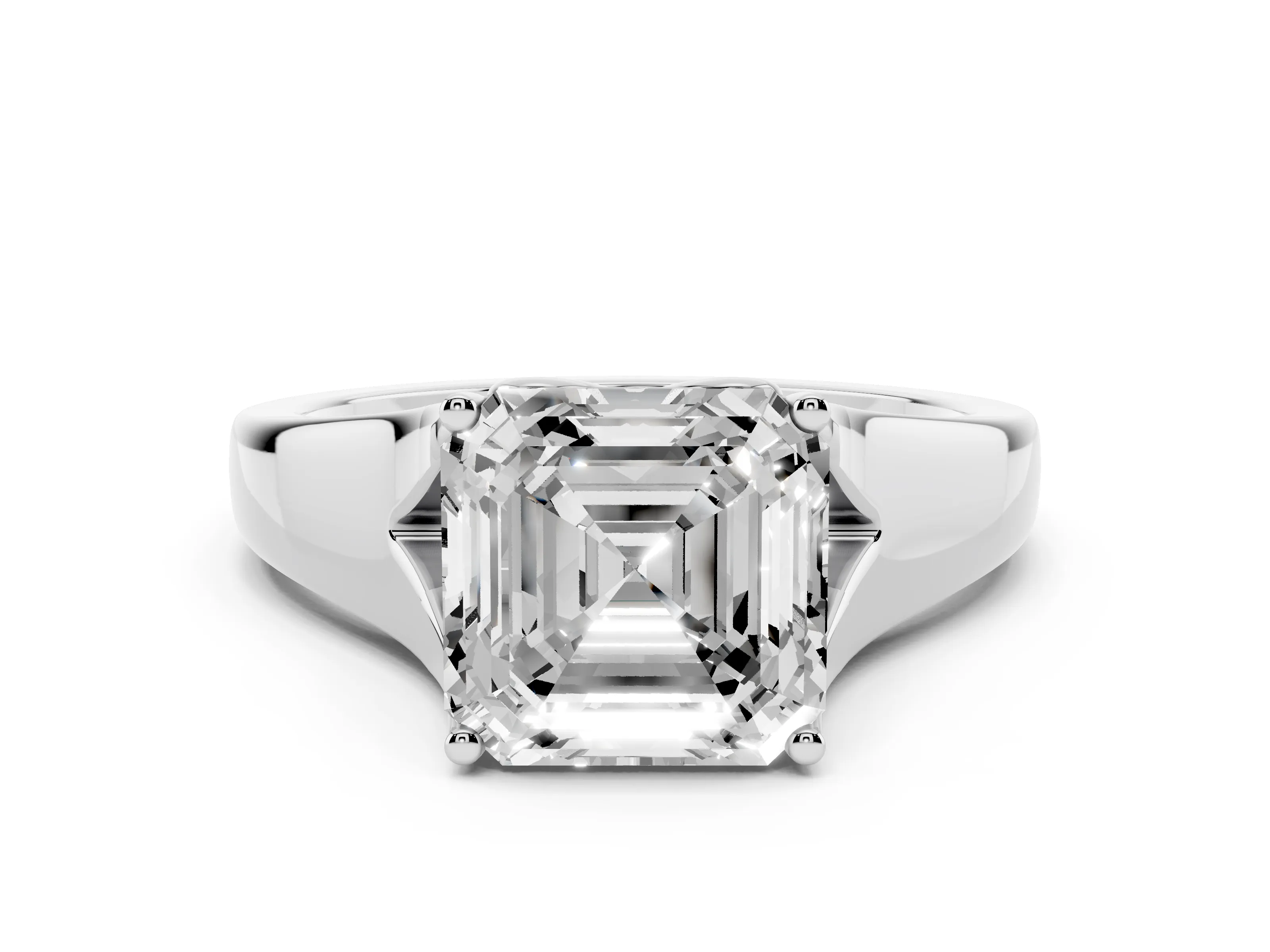 Asscher Cut Diamond Solitaire Ring Set in White gold with Arched Cathedral Band and Prong Setting