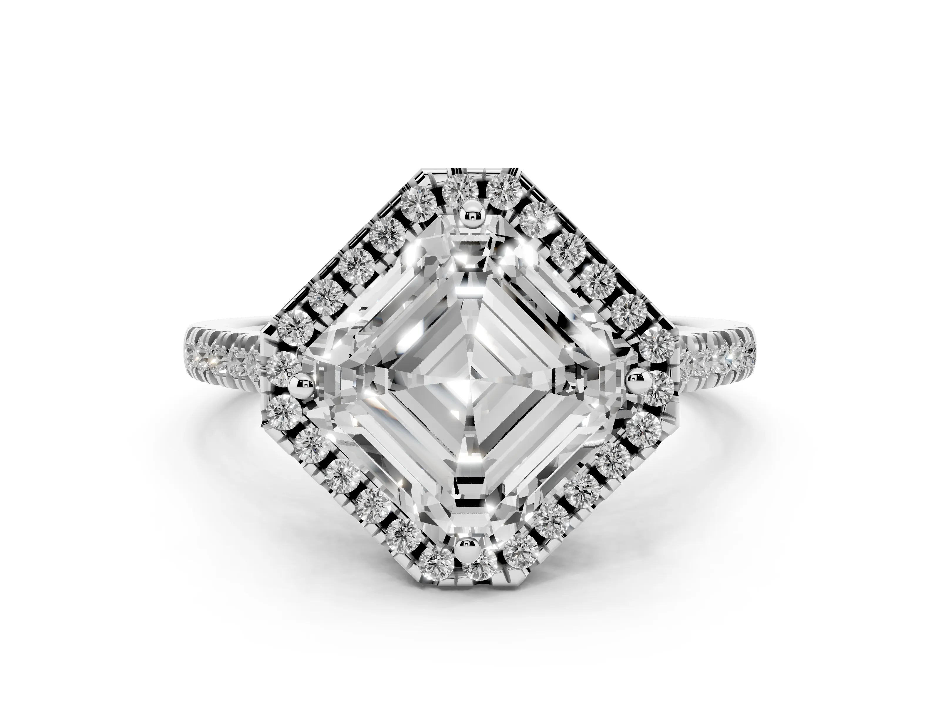 Asscher Cut Diamond Cushion Halo Ring Set in White gold with Pavé Band