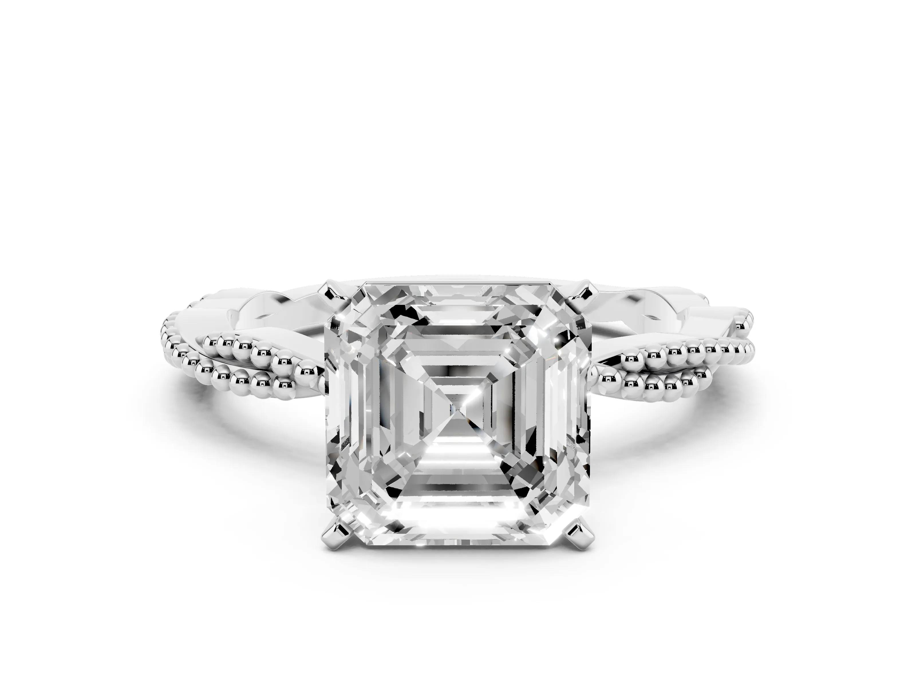 Asscher Cut Diamond Solitaire Ring Set in Silver with Twisted Band and Bead Prong Setting