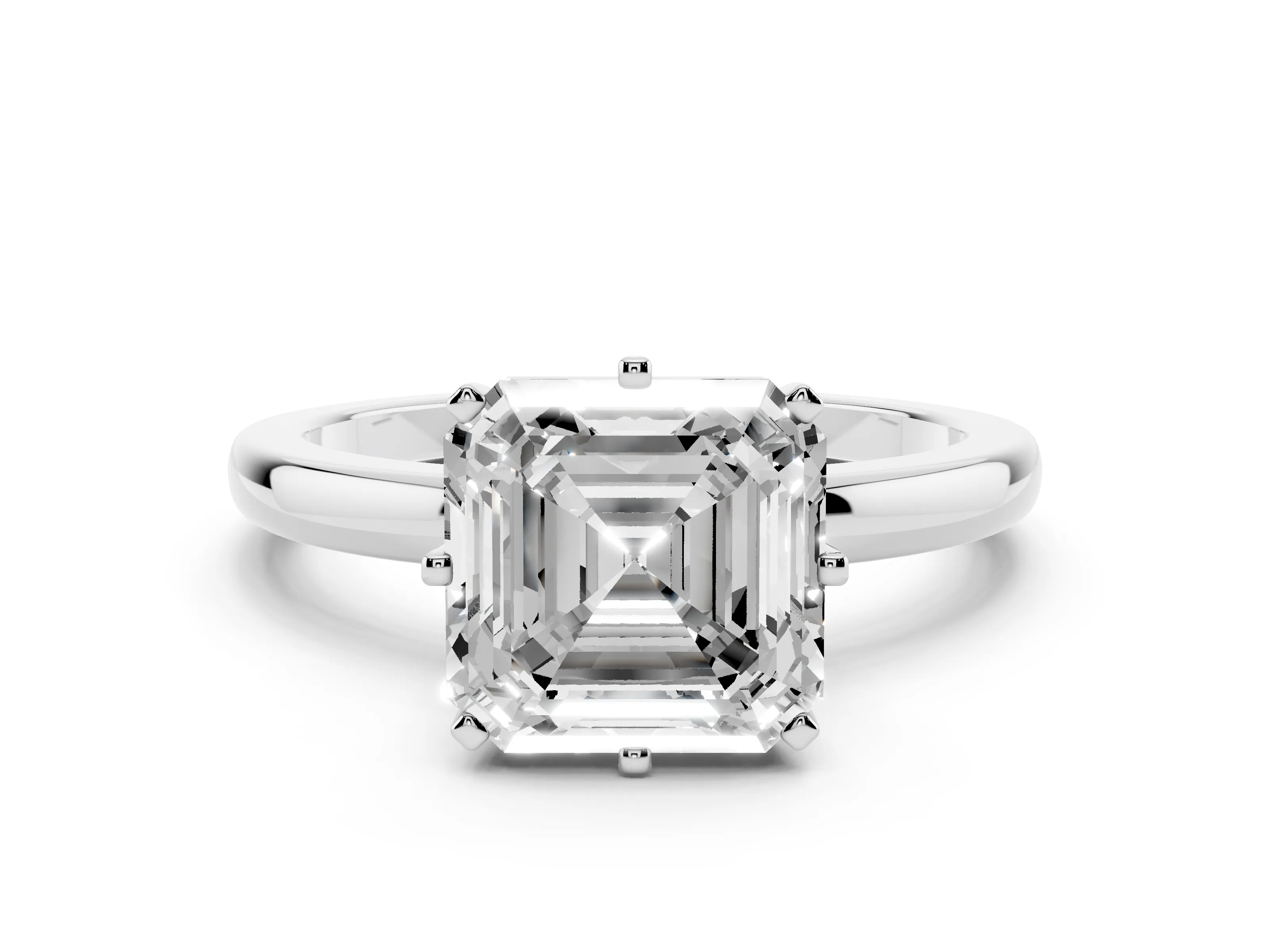Asscher Cut Diamond Solitaire Ring Set in Platinum with Raised Prong Setting on a Classic Band