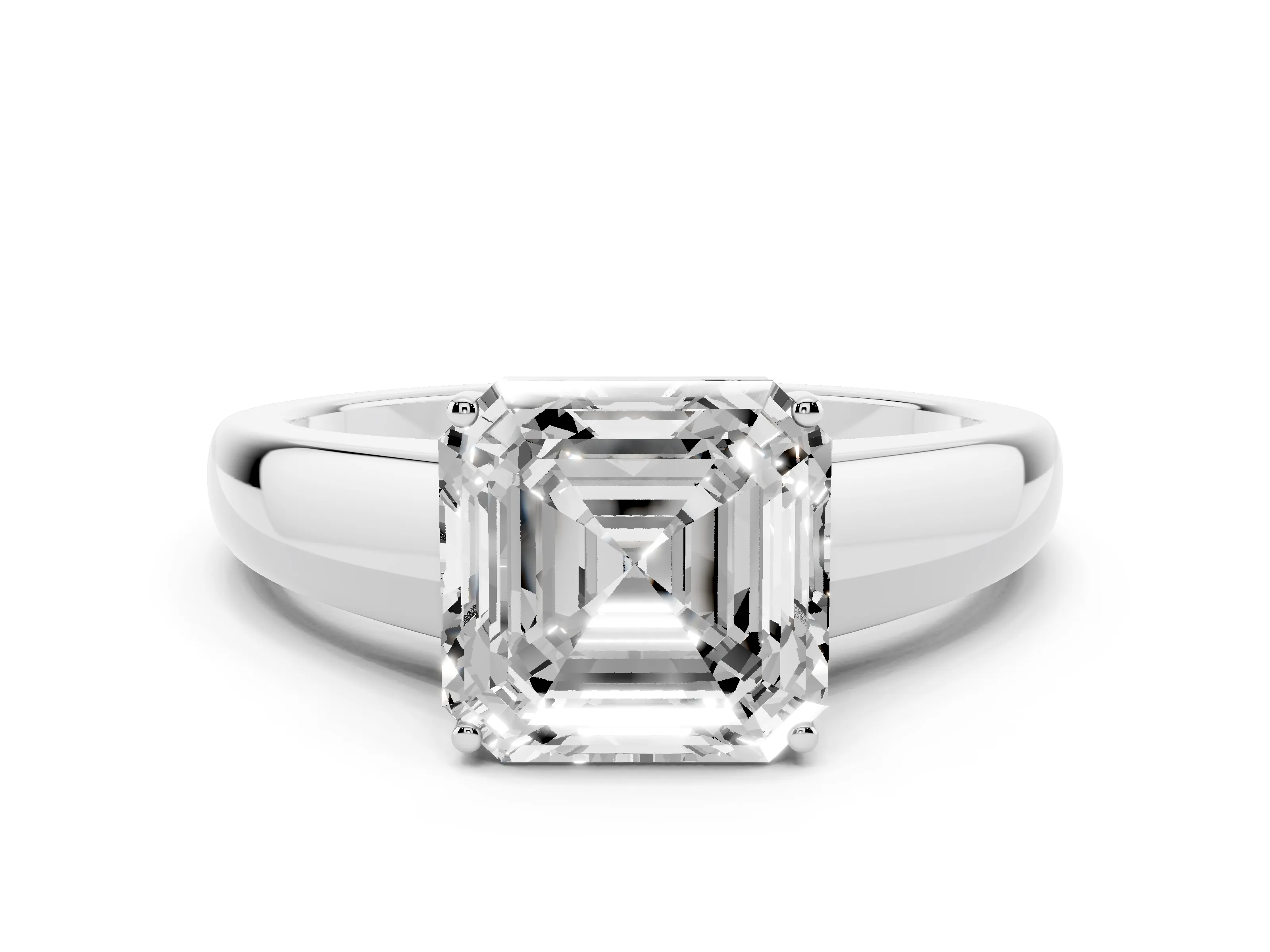 Asscher Cut Diamond Solitaire Ring Set in White gold with Tapered Band and Prong Setting
