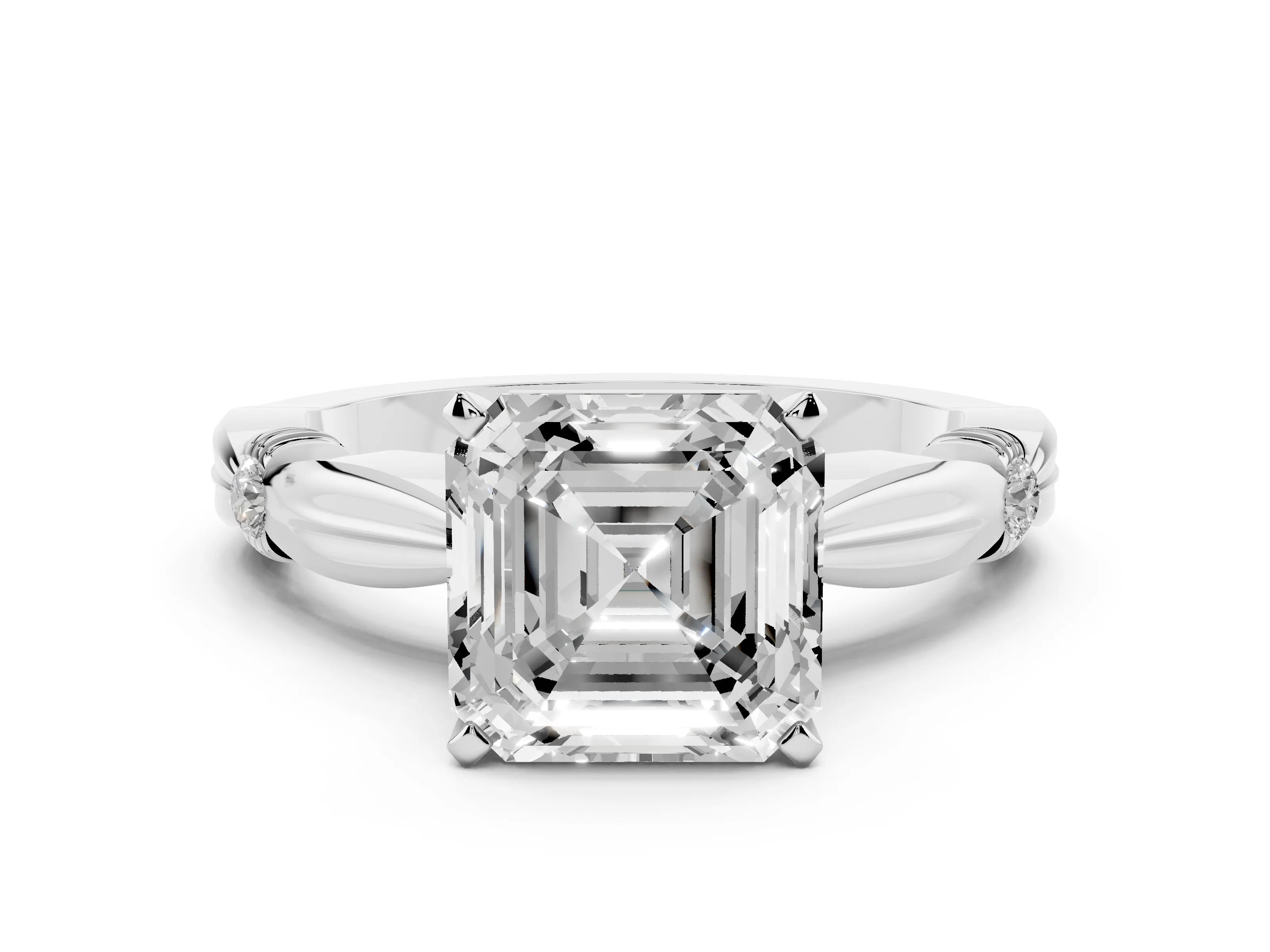 Asscher Cut Diamond Solitaire Twisted Band Ring Set in Platinum with Accent Stones and Prong Setting