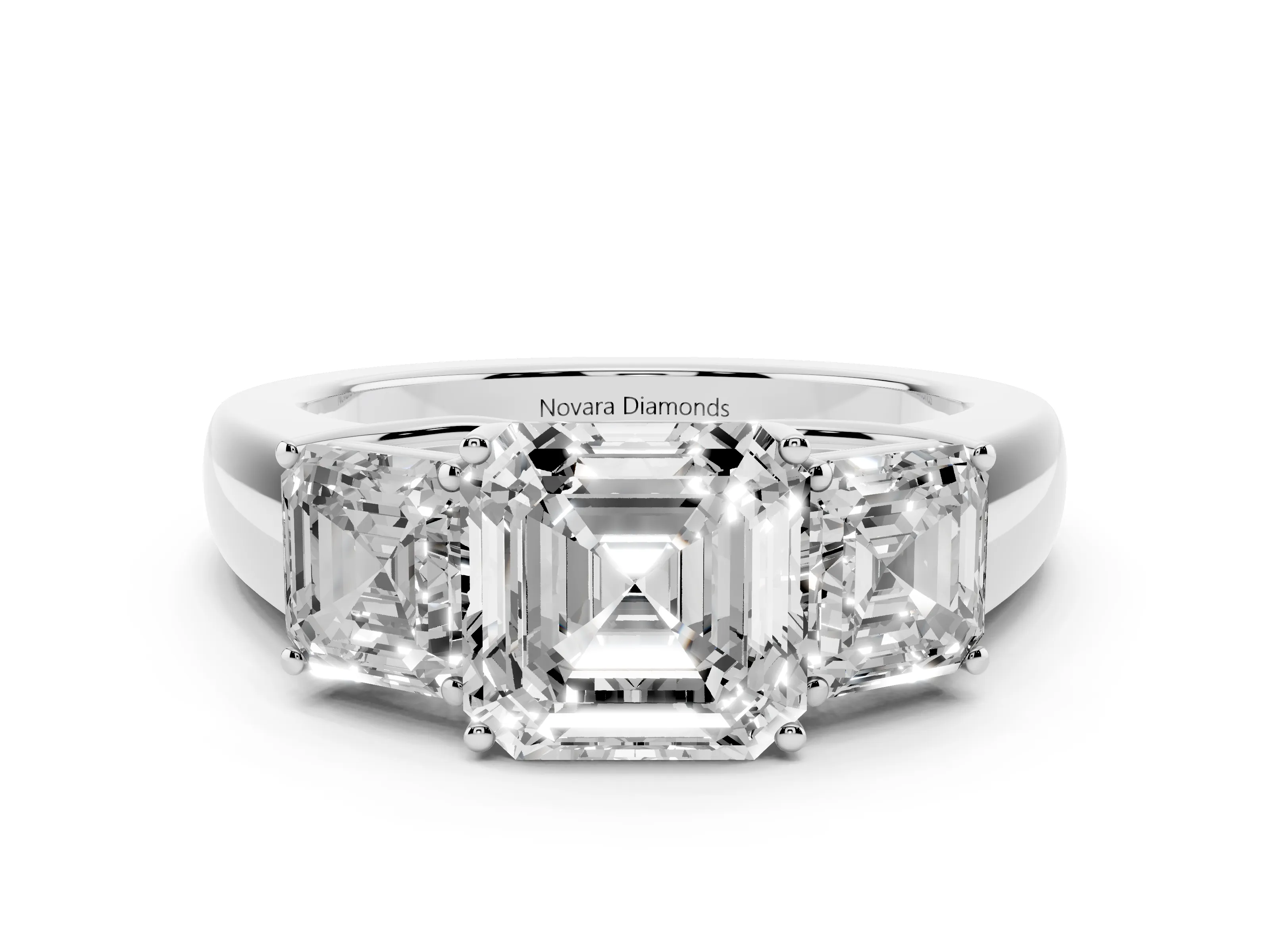 Three-Stone Asscher Cut Diamond Ring Set in White gold with Matching Prong Settings and Plain Band