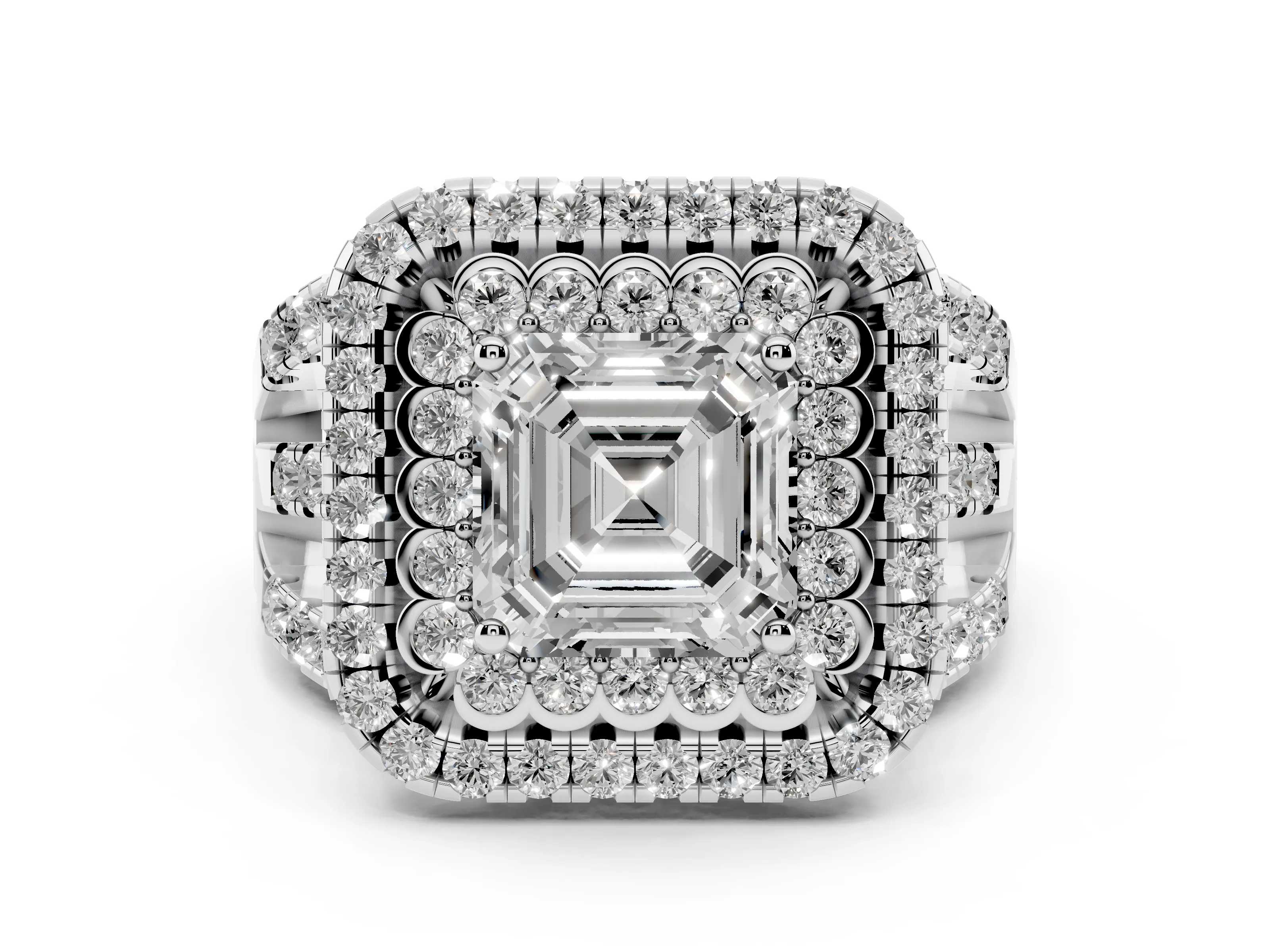 Asscher Cut Diamond Double Halo Ring Set in White gold with Round Pavé Split Shank