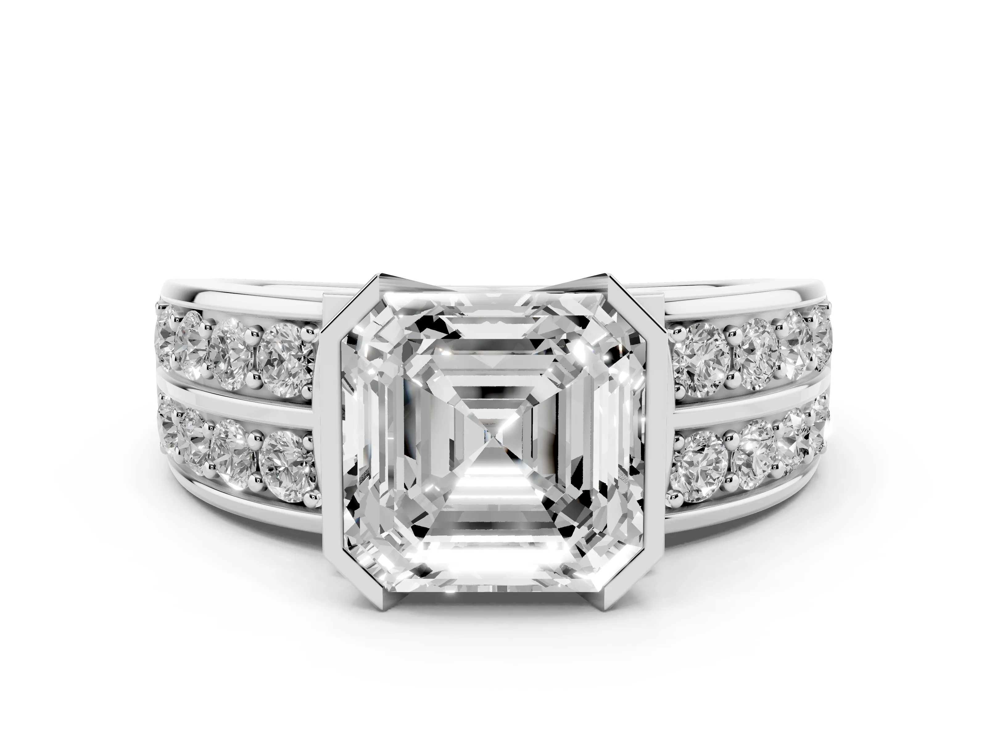Asscher Cut Diamond Wide Channel Set Band Ring Set in Platinum with Bezel Setting