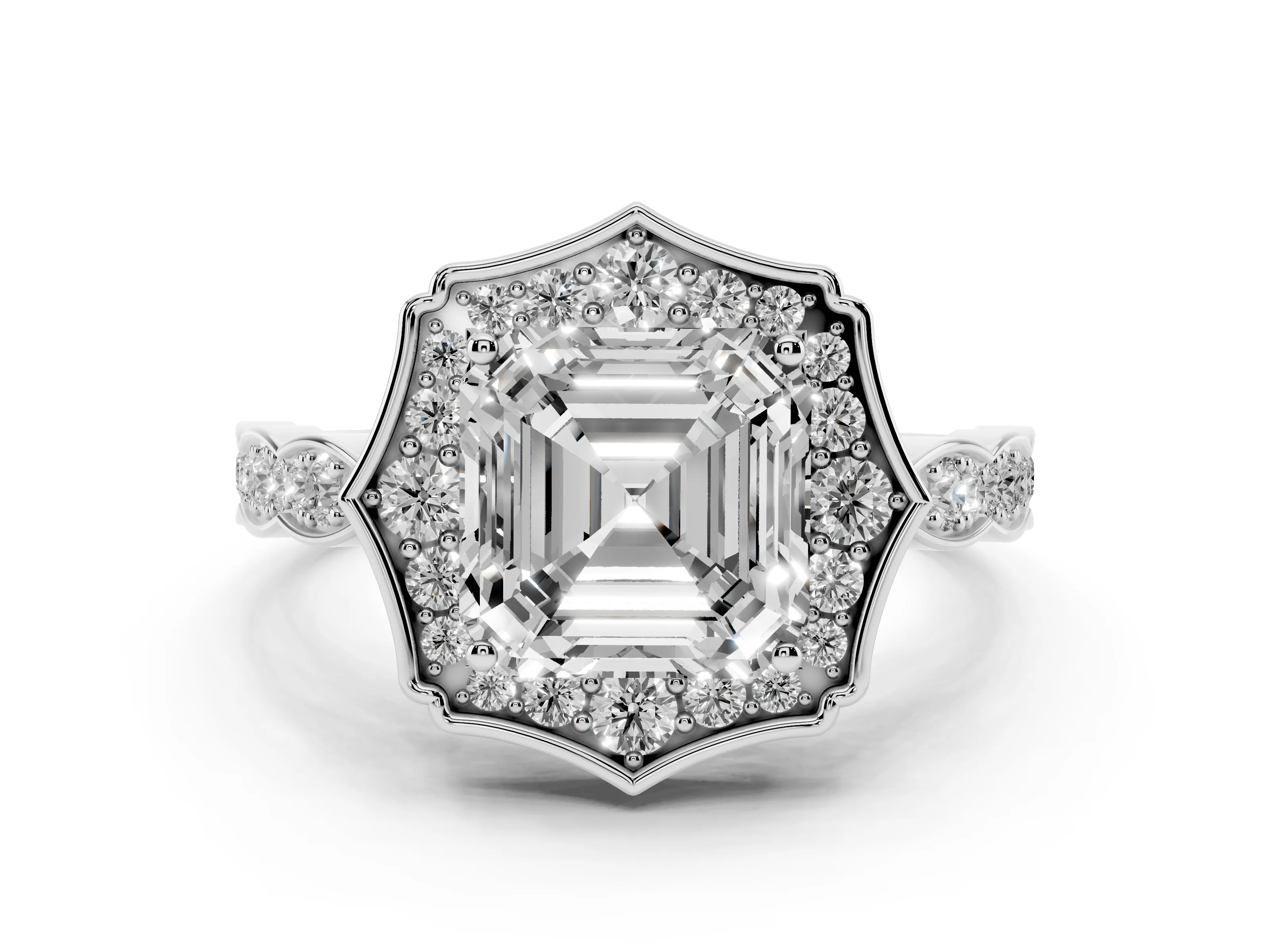 Asscher Cut Diamond Halo Engagement Ring Set in Platinum with Milgrain Band and Prong Setting