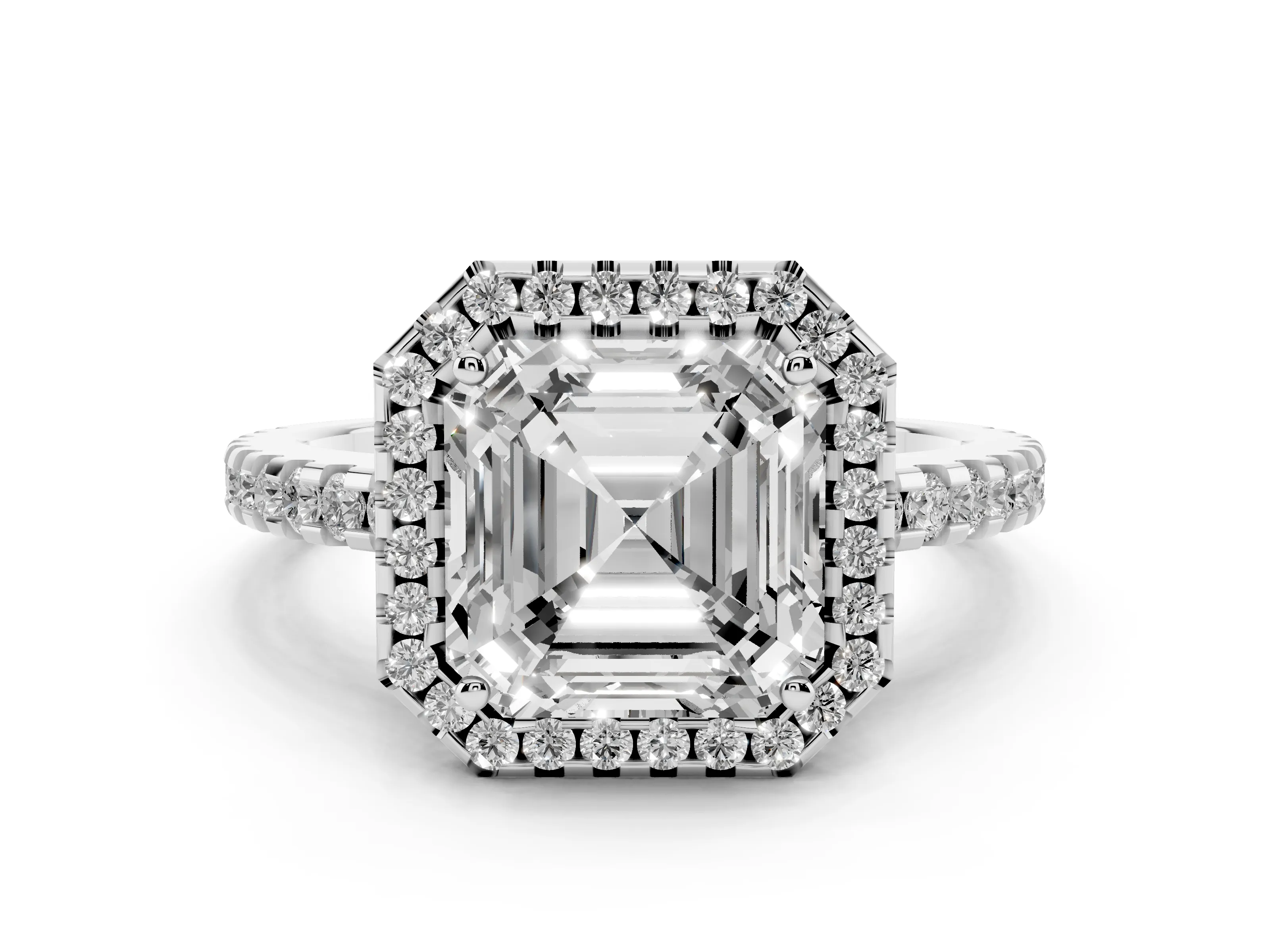 Asscher Cut Diamond Halo Ring Set in Platinum with Pavé Shoulders and Halo-Framed Center