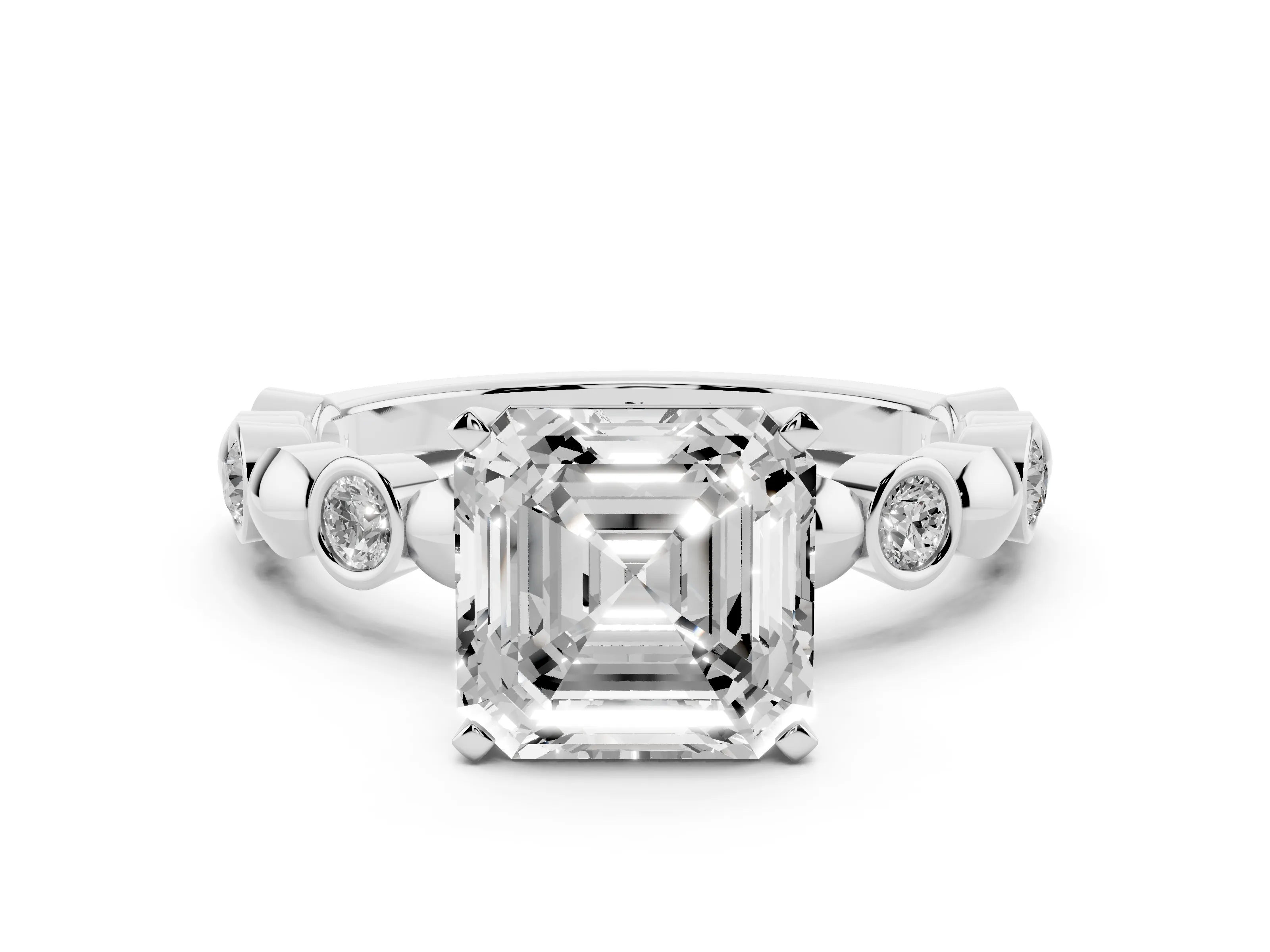 Asscher Cut Diamond Solitaire Ring Set in Silver with Bezel-Set Accents on Beaded Band and Prong Setting