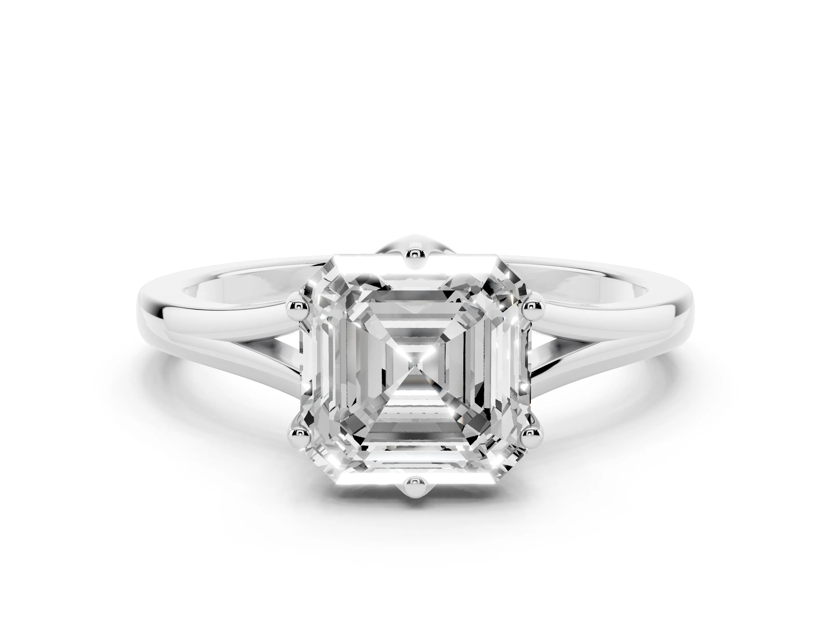 Asscher Cut Diamond Solitaire Ring Set in White gold with Polished Tapered Band and Prong Setting