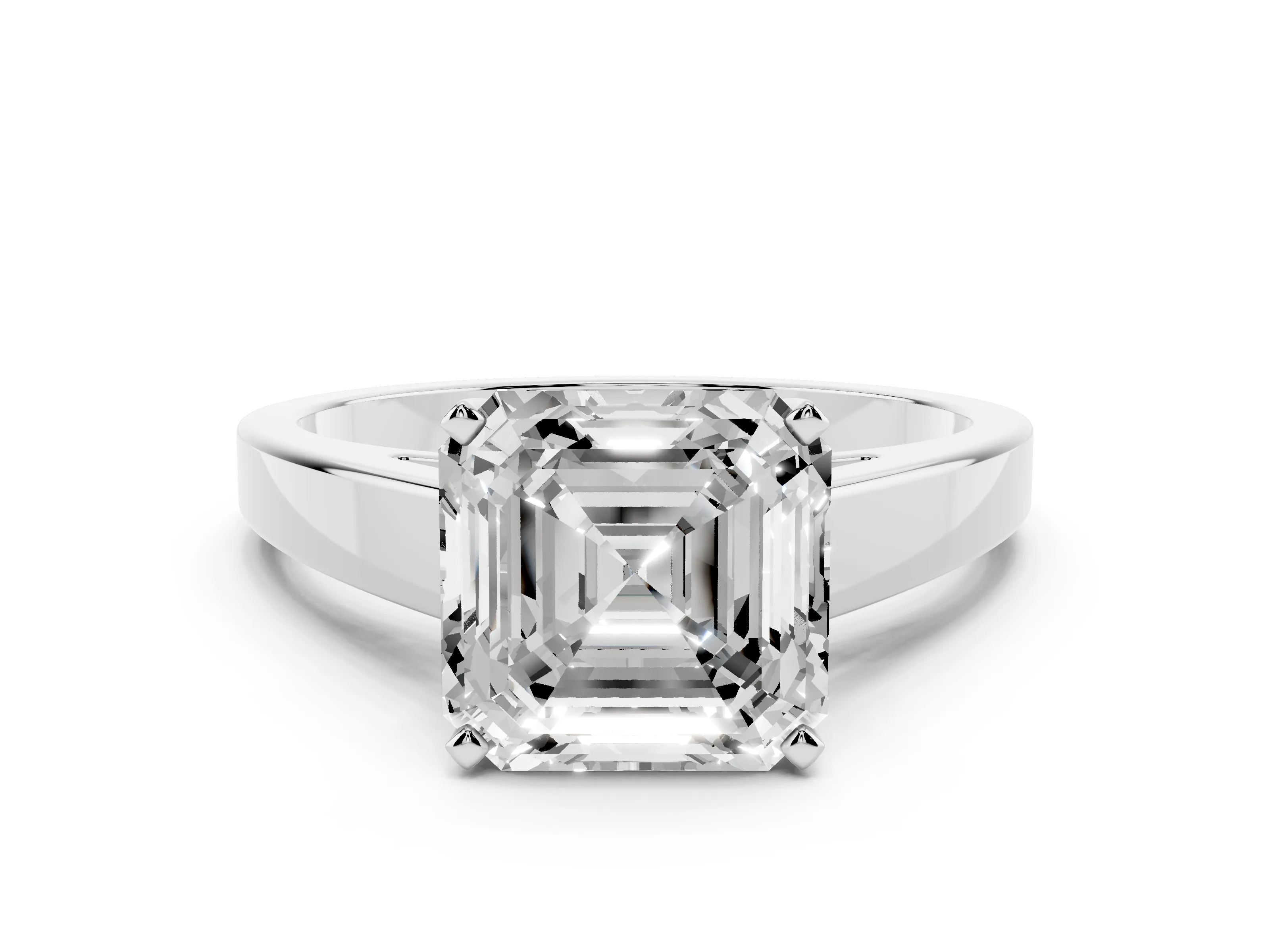Asscher Cut Diamond Solitaire Engagement Ring Set in White gold with Prong Setting and Tapered Band
