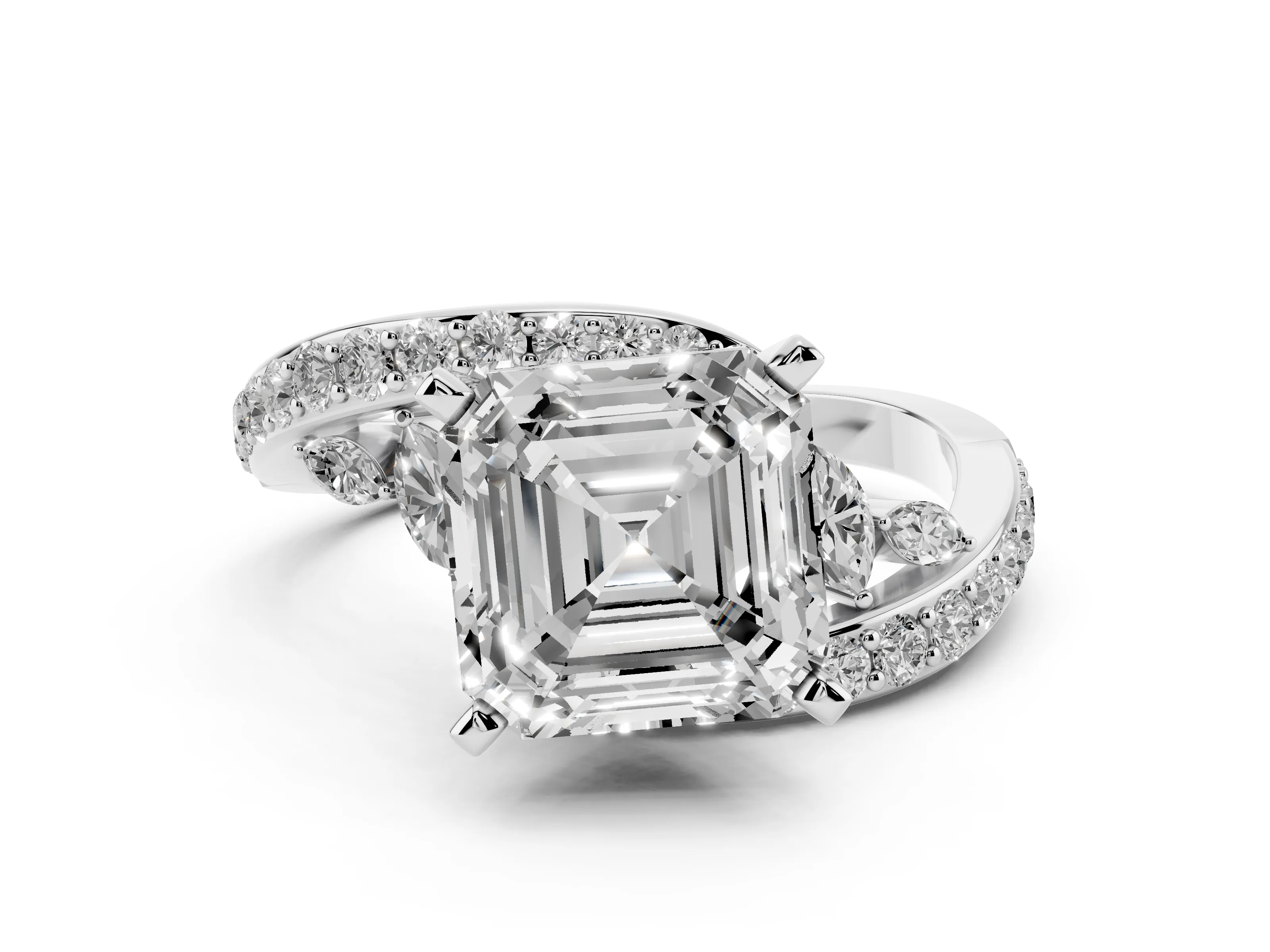 Asscher Cut Diamond Solitaire Ring Set in Silver with Pavé Twist Band and Secure Prong Setting