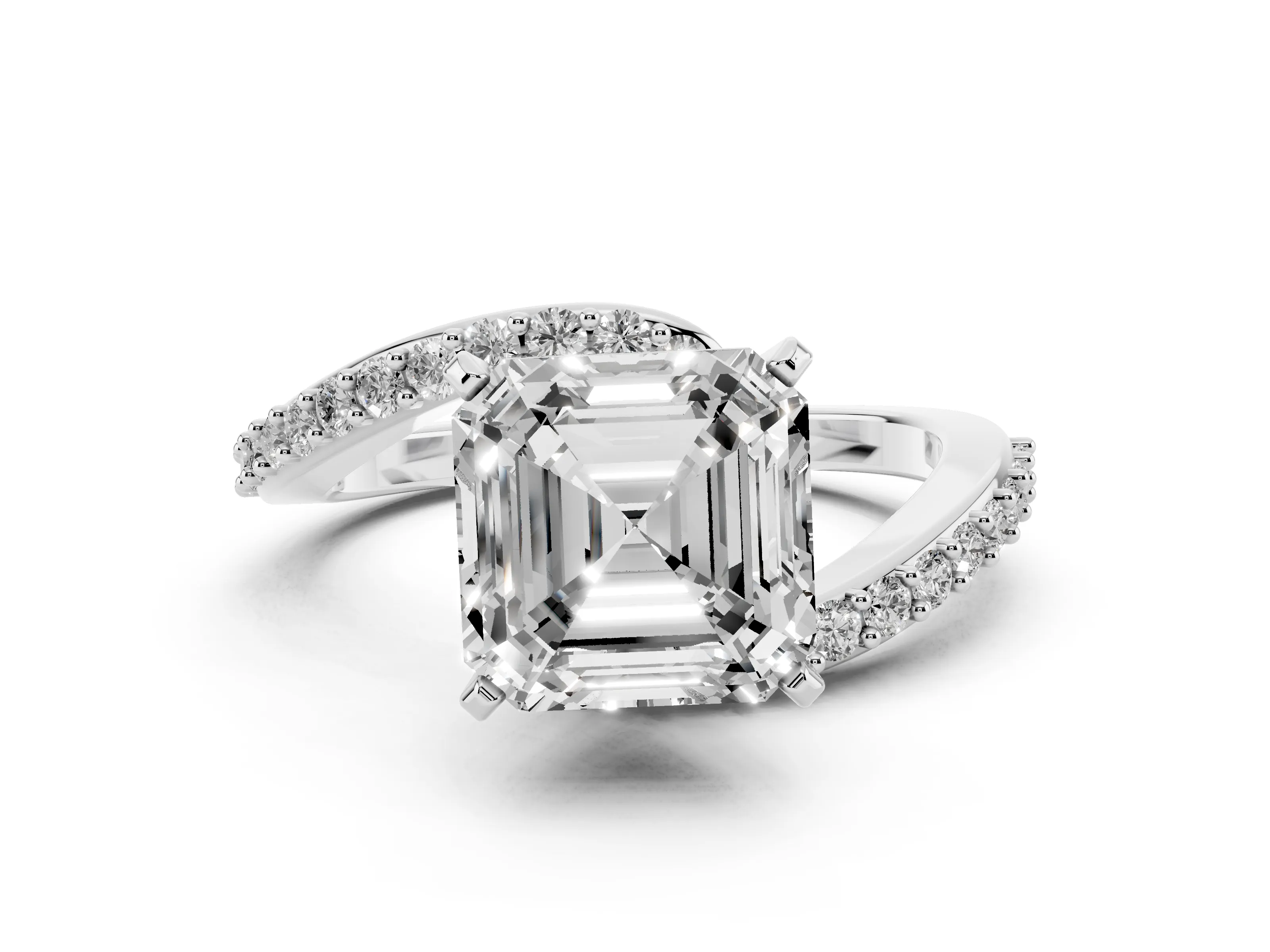 Asscher Cut Diamond Solitaire Ring Set in Platinum with Pavé Twist Band and Prong Setting