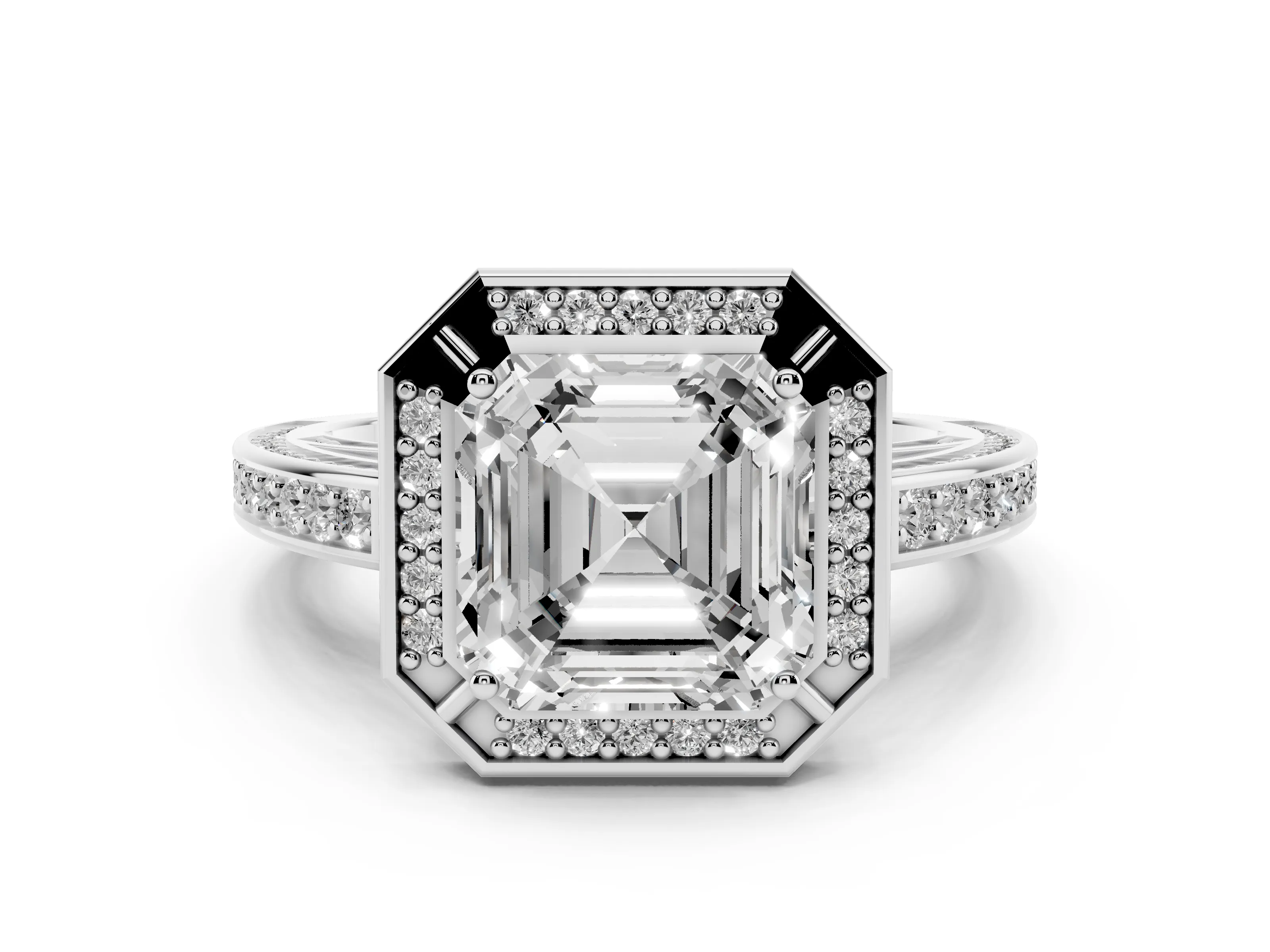 Asscher Cut Diamond Halo Pavé Split Shank Ring Set in White gold with Prong Setting