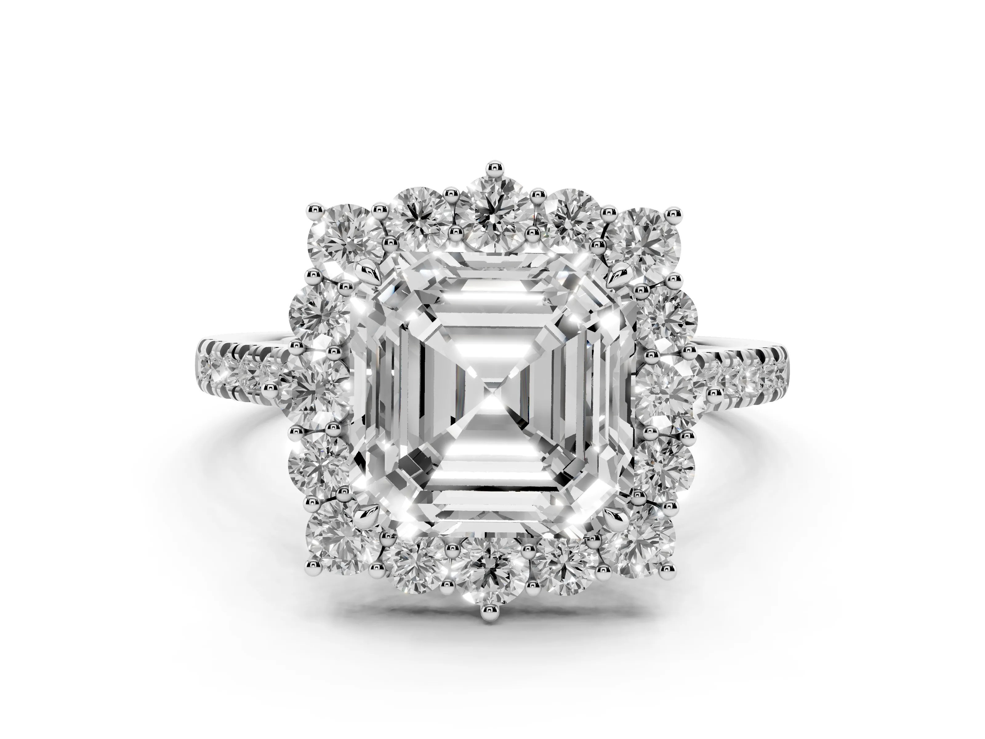 Asscher Cut Diamond Halo Ring Set in Silver with Pavé Band and Prong Setting