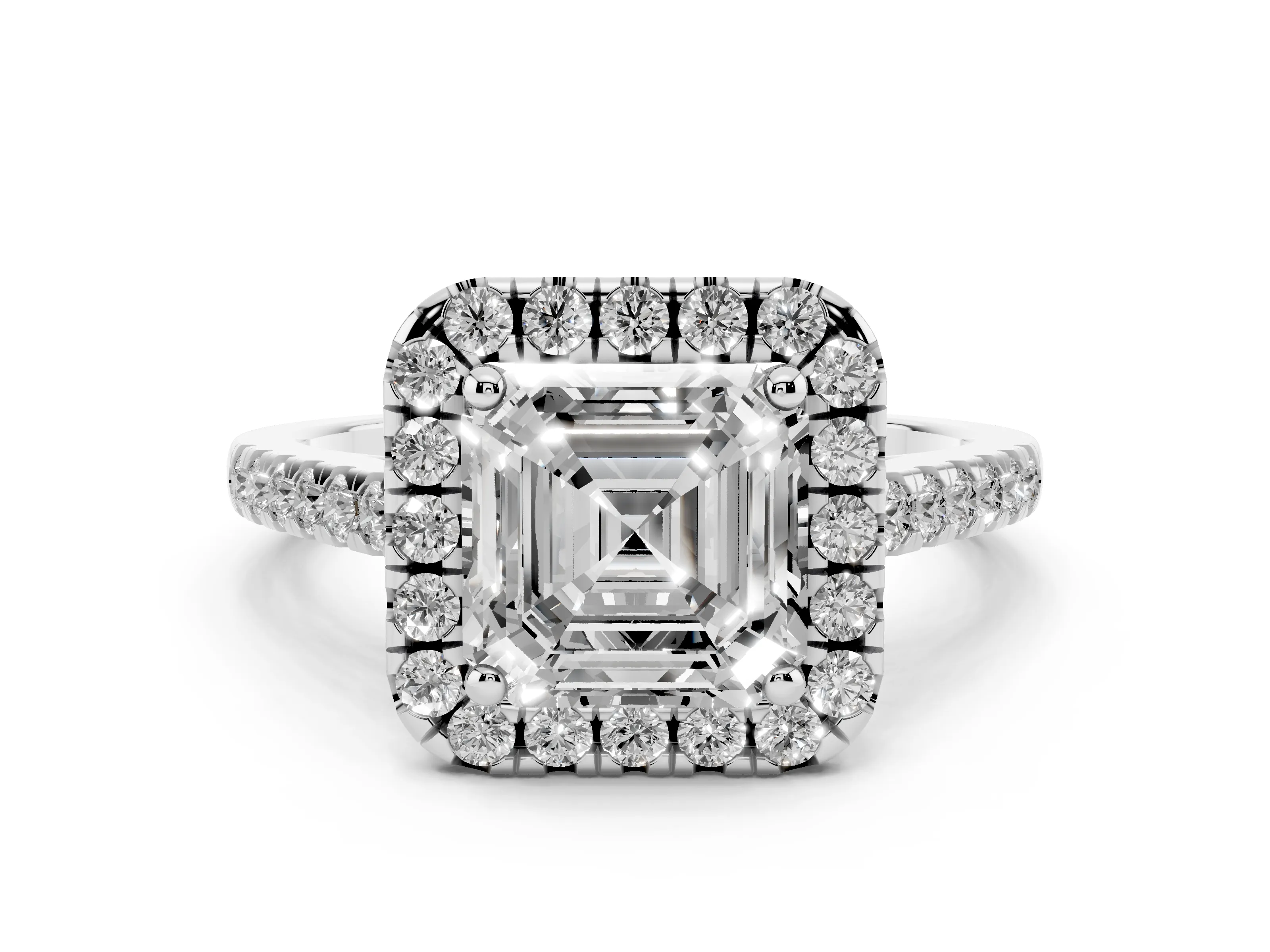 Asscher Cut Diamond Pavé Halo Engagement Ring Set in White gold with Pavé Band and Prong Setting