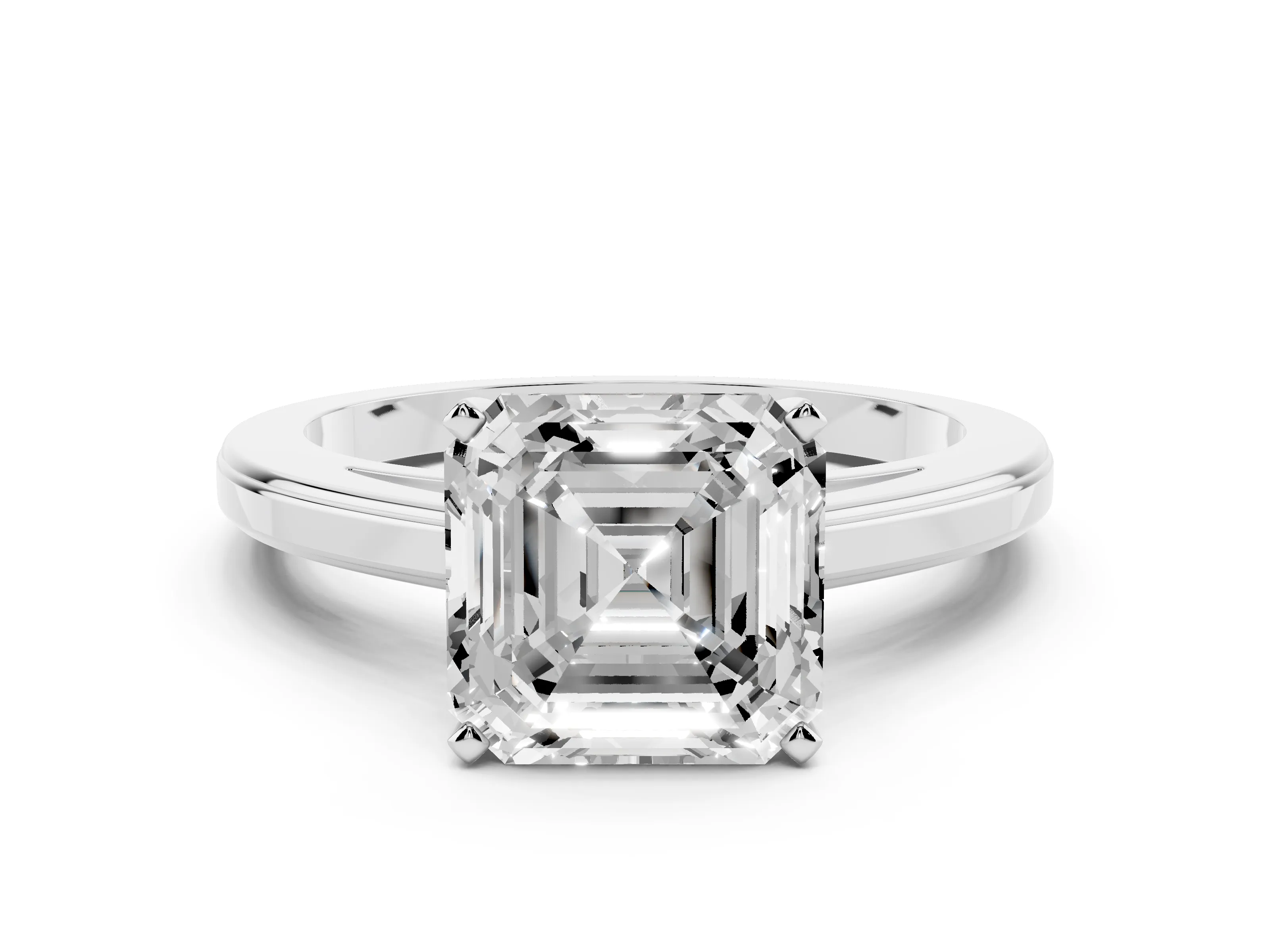 Asscher Cut Diamond Solitaire Ring Set in Platinum with Prong Setting and Classic Band