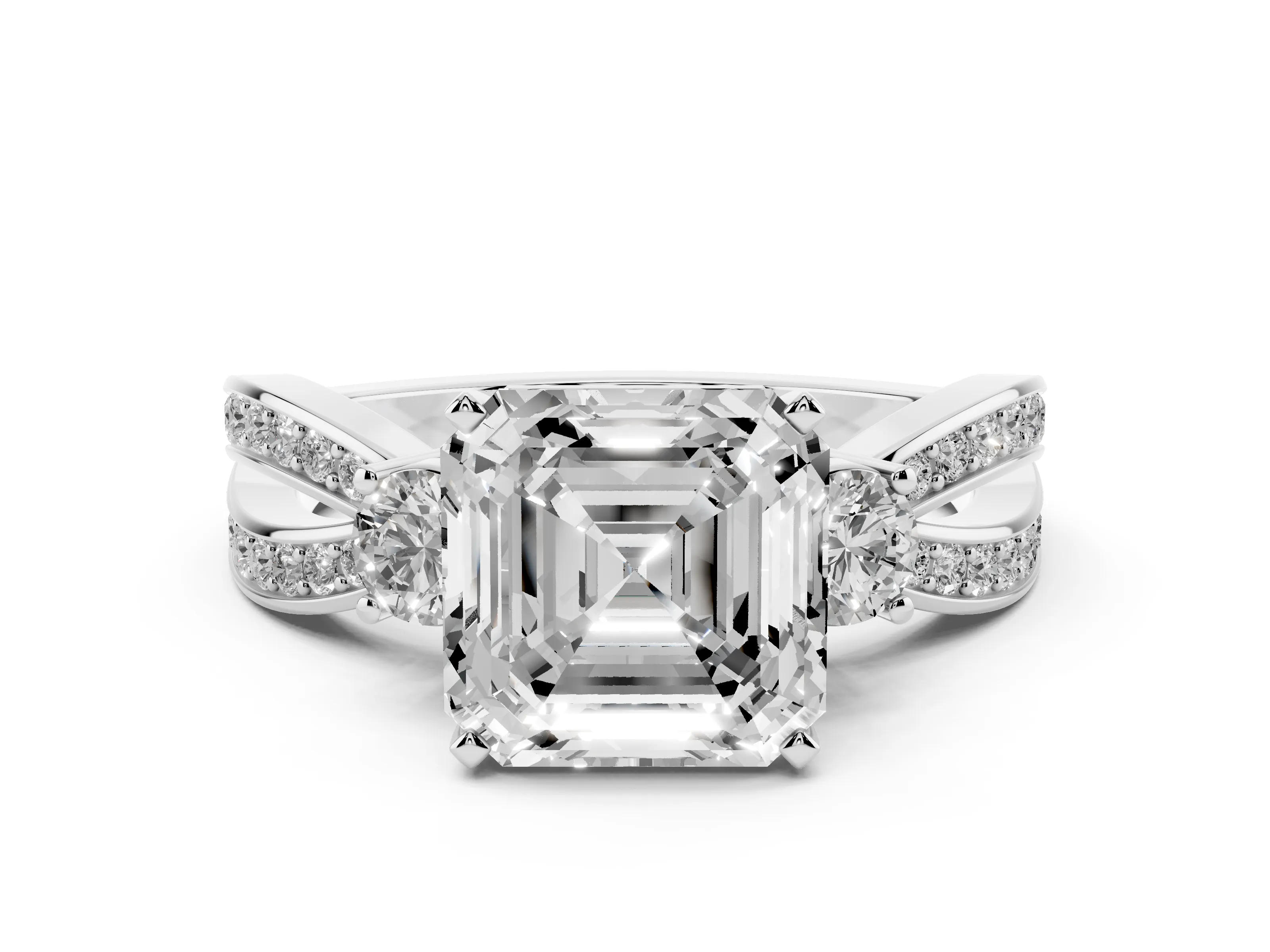 Three-Stone Asscher Cut Diamond Twist Band Ring Set in Silver with Pavé Accents and Prong Setting