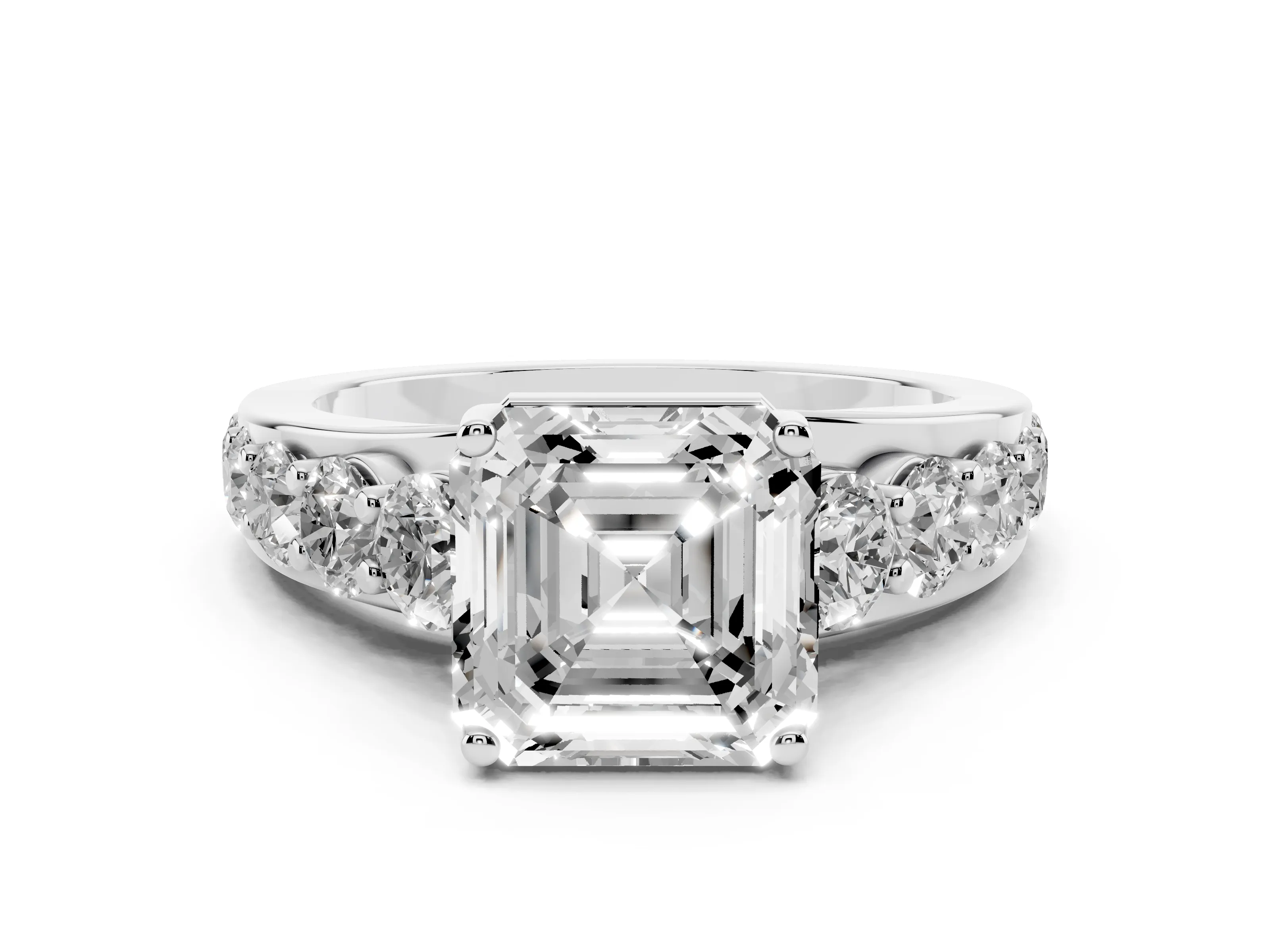 Asscher Cut Diamond Pavé Engagement Ring Set in White gold with Prong Setting