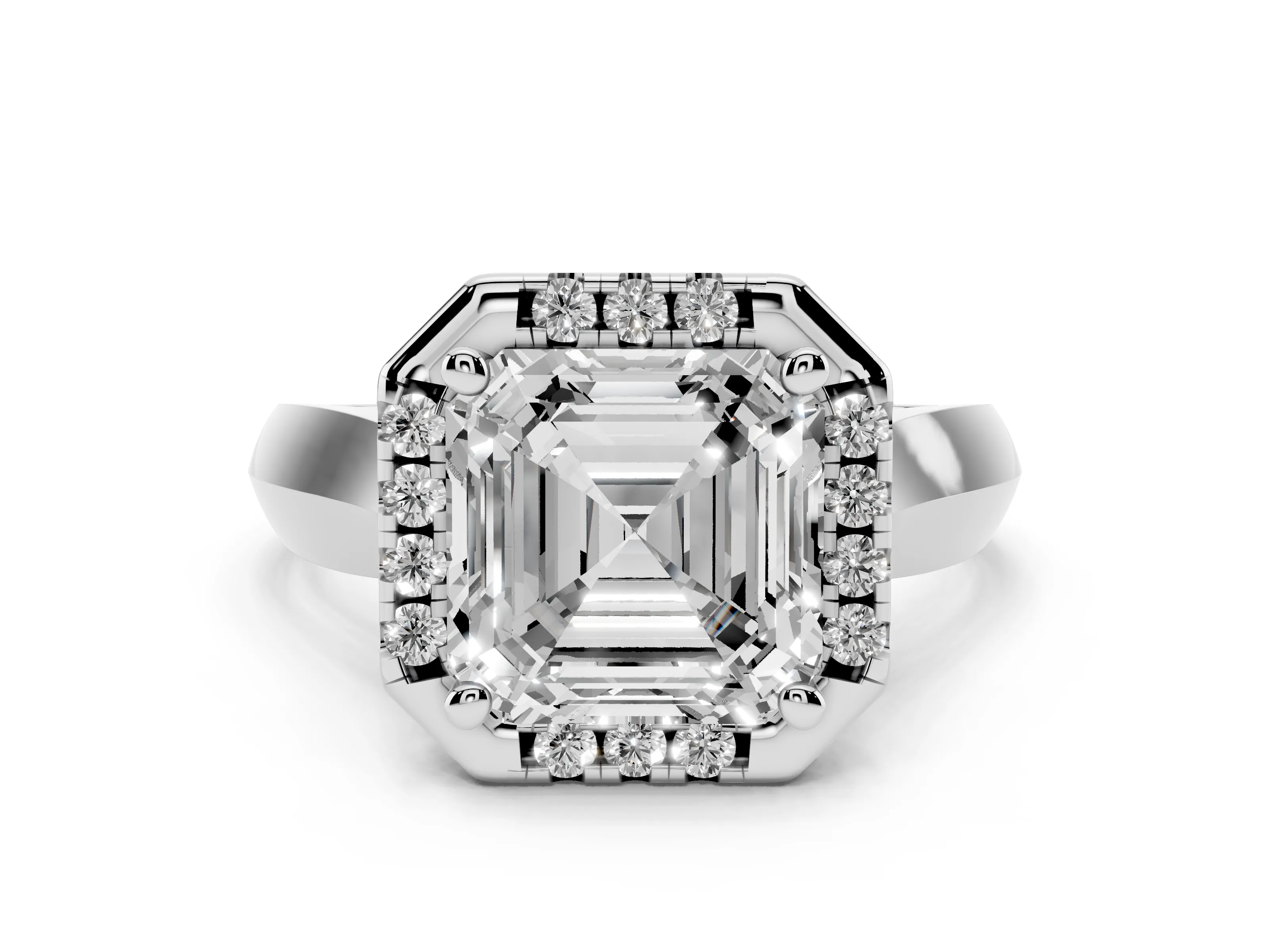 Asscher Cut Diamond Halo Solitaire Engagement Ring Set in Platinum with Square Band and Prong Setting