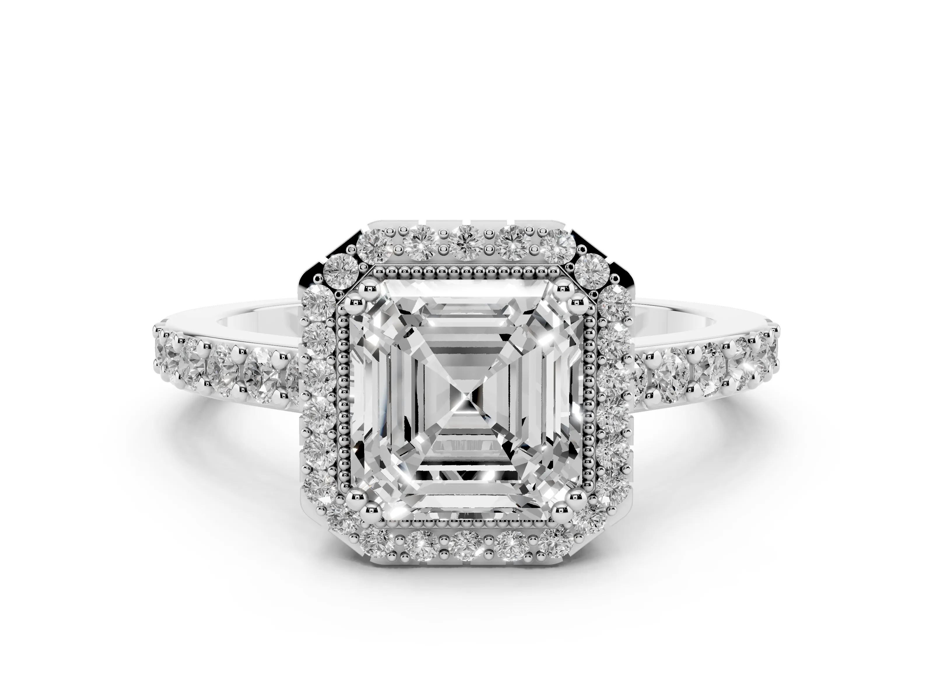 Asscher Cut Diamond Halo Engagement Ring Set in Platinum with Milgrain Detail and Pavé Band