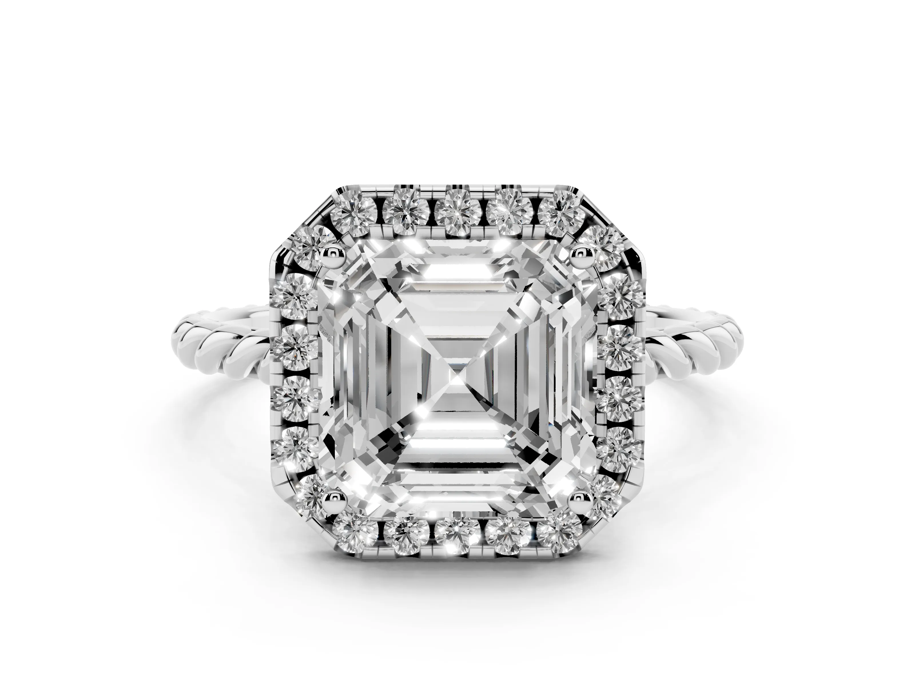 Asscher Cut Diamond Halo Ring Set in Silver with Plain Twisted Band