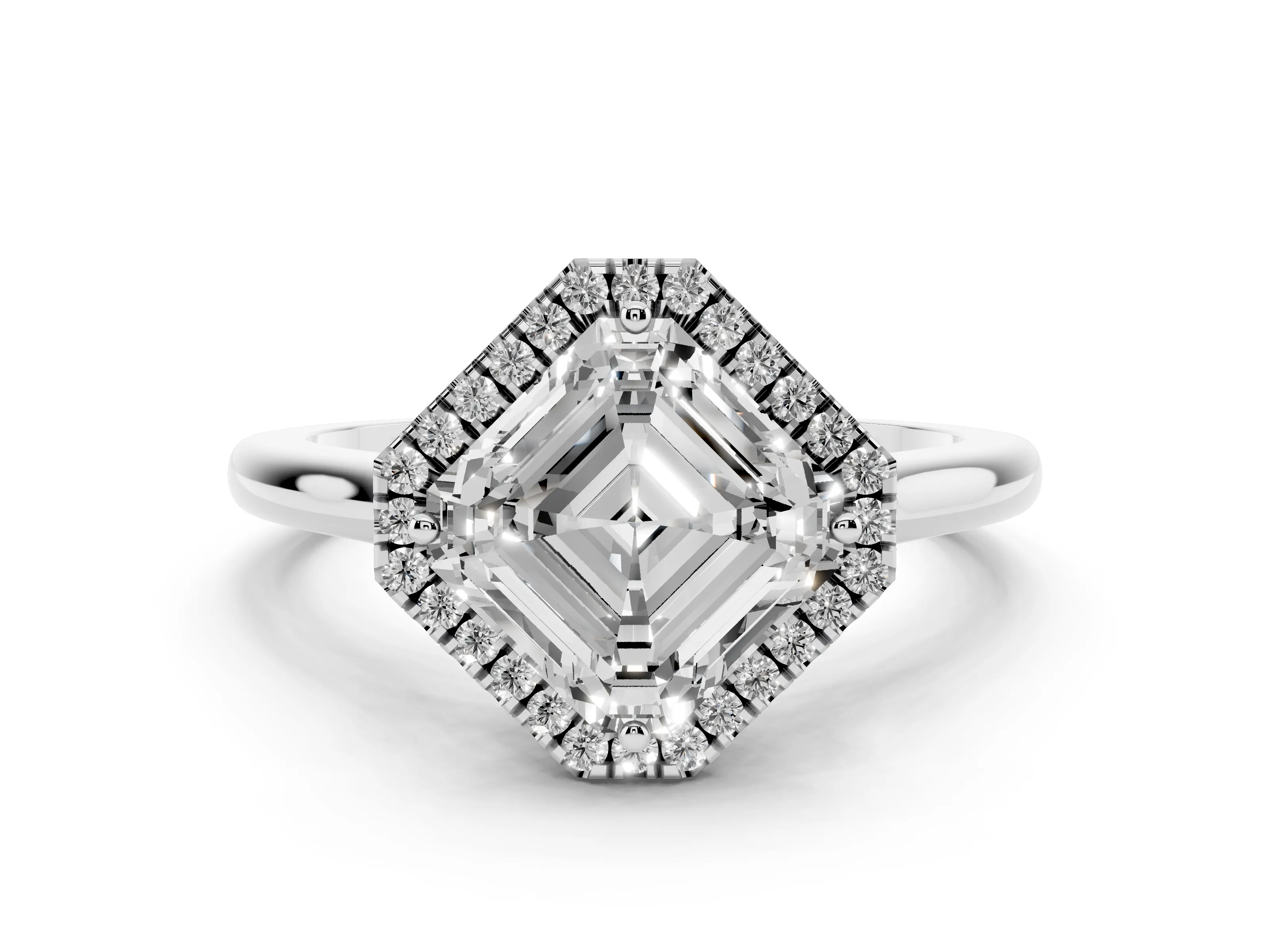 Asscher Cut Diamond Halo Engagement Ring Set in White gold with Pavé Band and Rising Shoulders