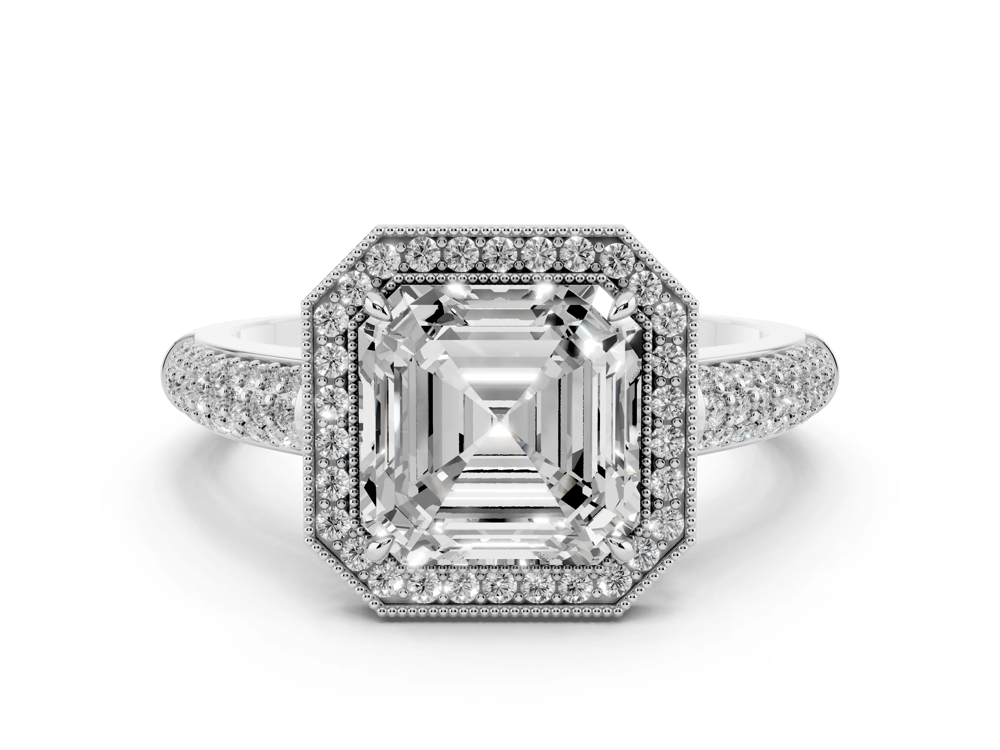 Asscher Cut Diamond Halo Pavé Band Set in Platinum with Prong Setting