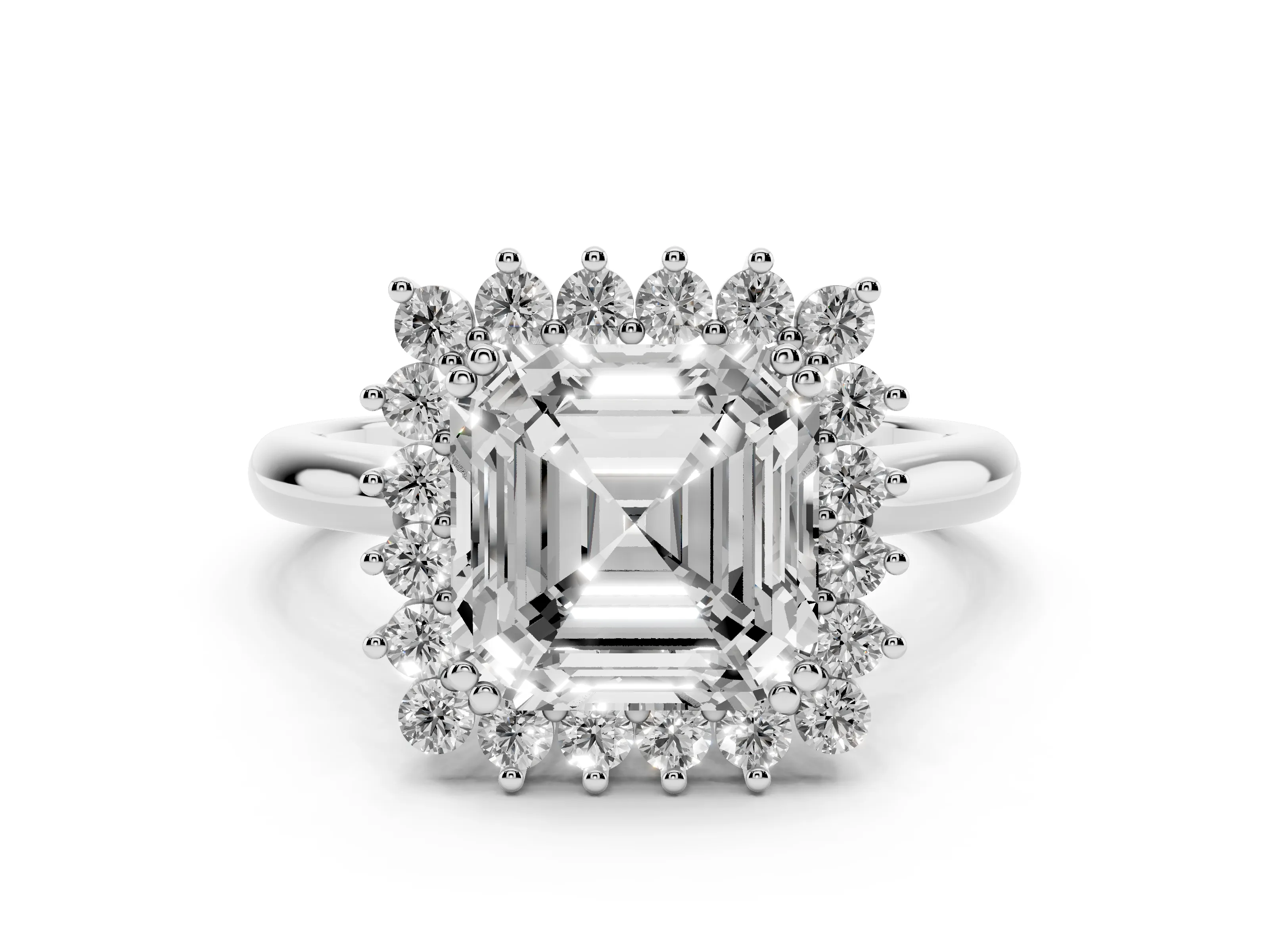 Asscher Cut Diamond Halo Ring Set in Platinum with Plain Solitaire Band and Prong Setting