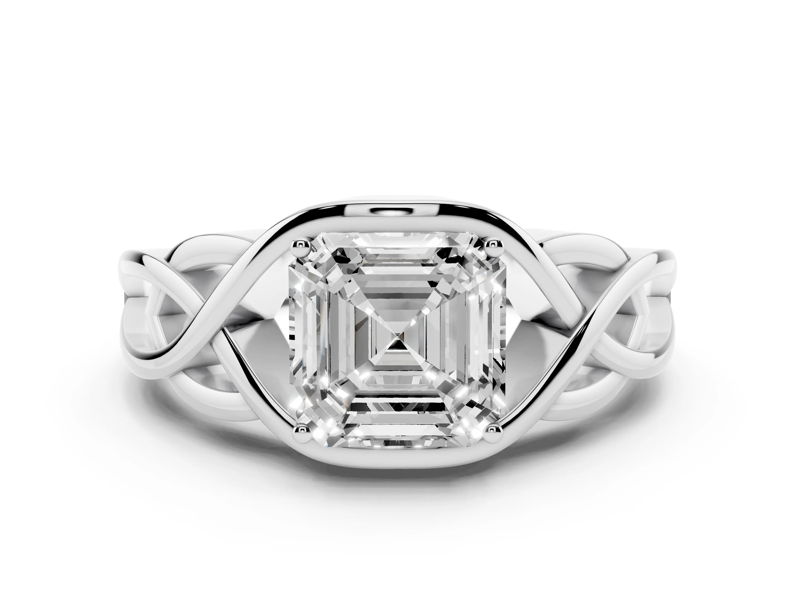 Asscher Cut Diamond Solitaire Ring Set in Silver with Intertwined Band