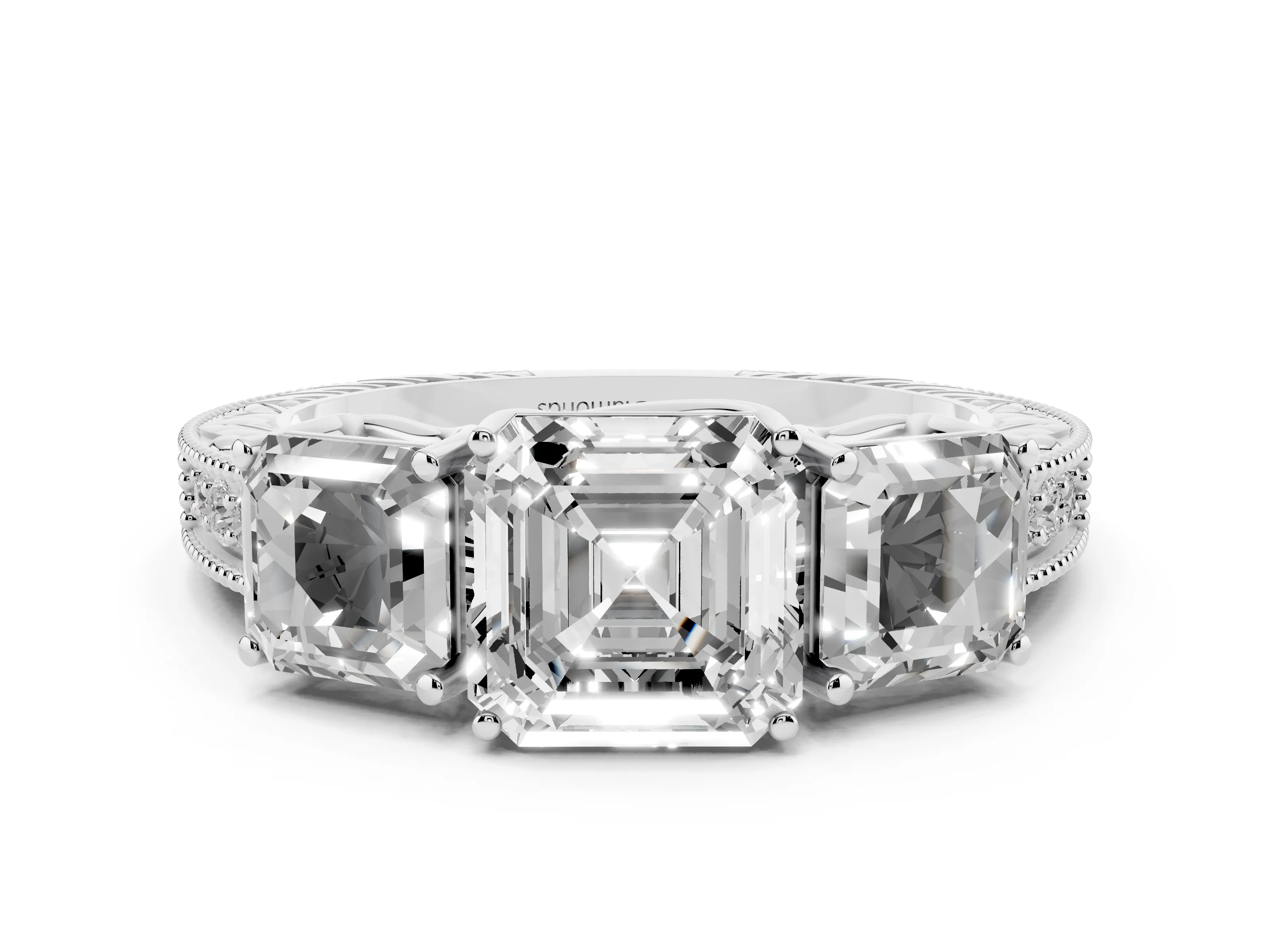 Asscher Cut Diamond Three-Stone Engagement Ring Set in Silver with Milgrain Pavé Band