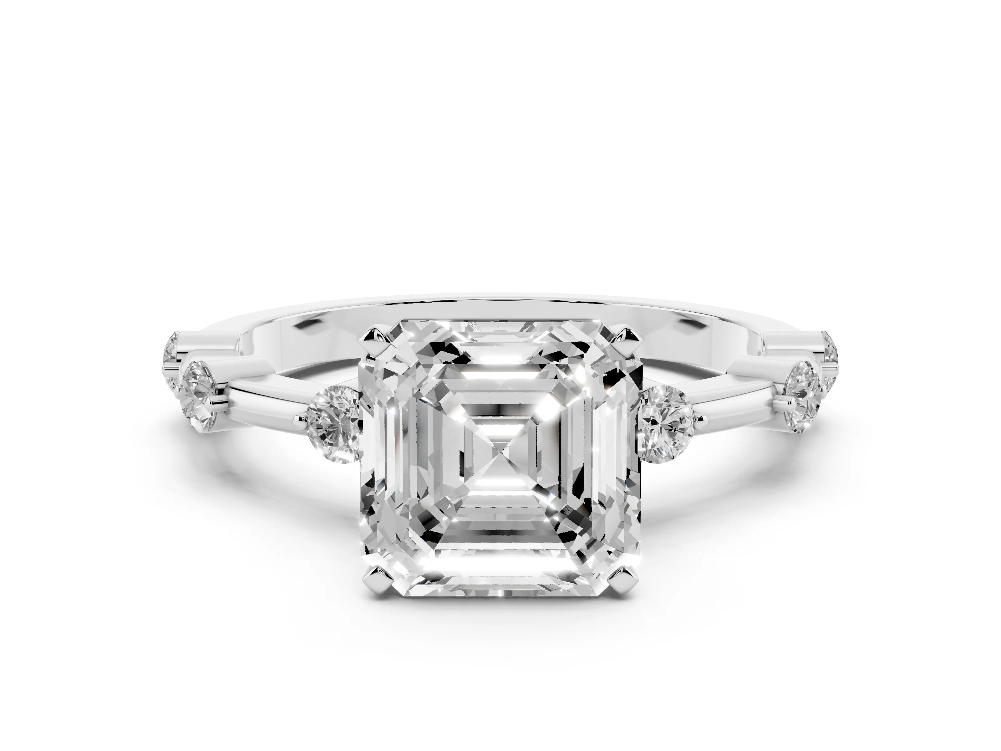 Asscher Cut Diamond Solitaire Ring Set in Platinum with Bezel Set Side Stones and Prong Setting