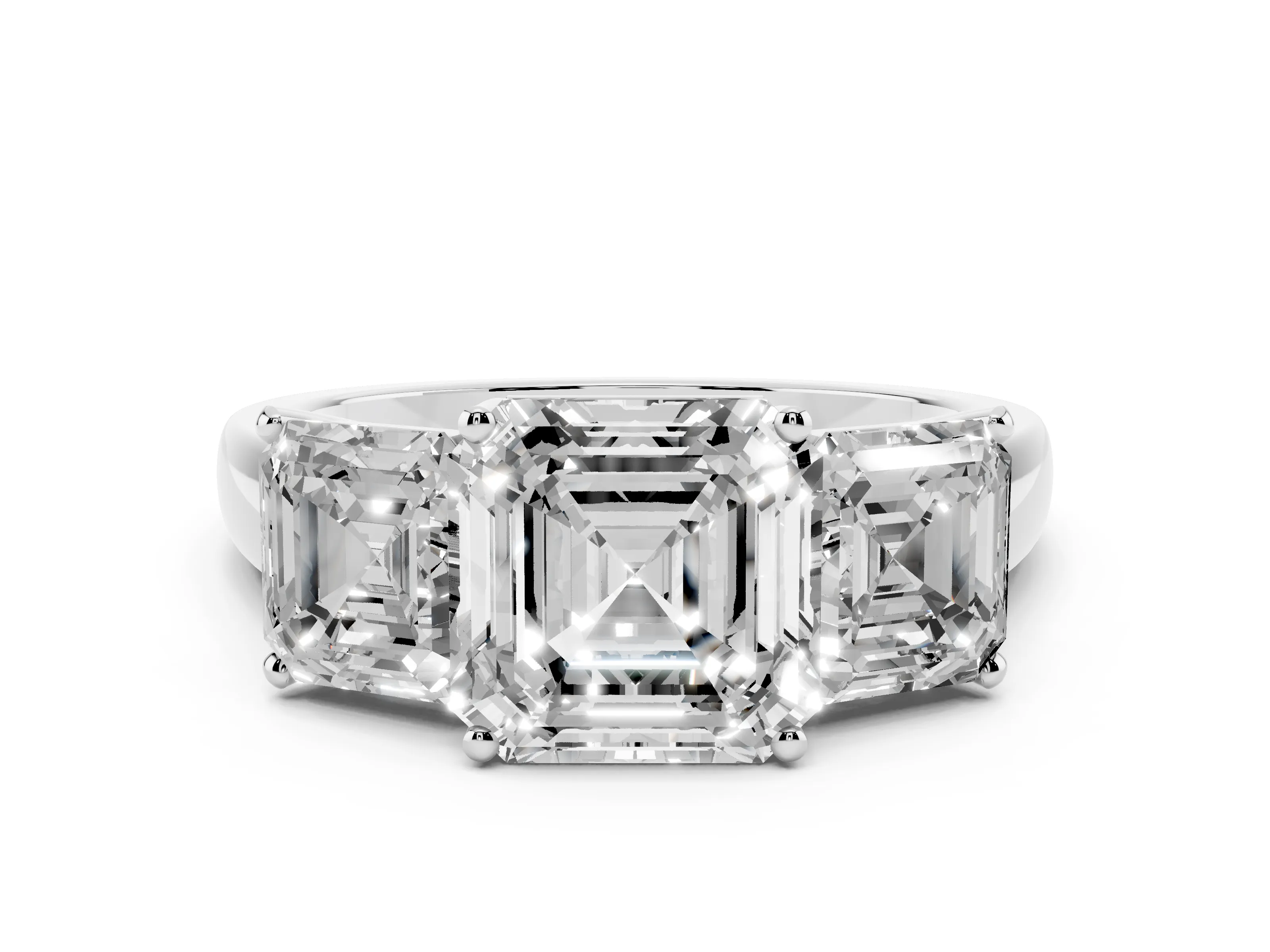 Asscher Cut Diamond Three-Stone Ring Set in White gold with Classic Prong Setting and Plain Band