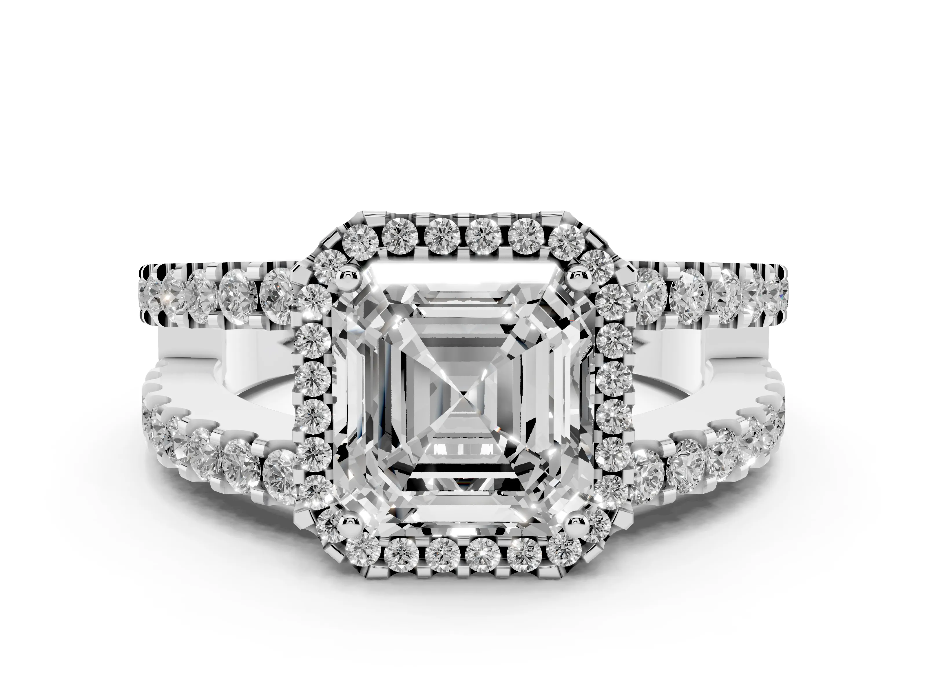 Asscher Cut Diamond Halo Ring Set in Silver with Pavé Split Shank and Prong Setting