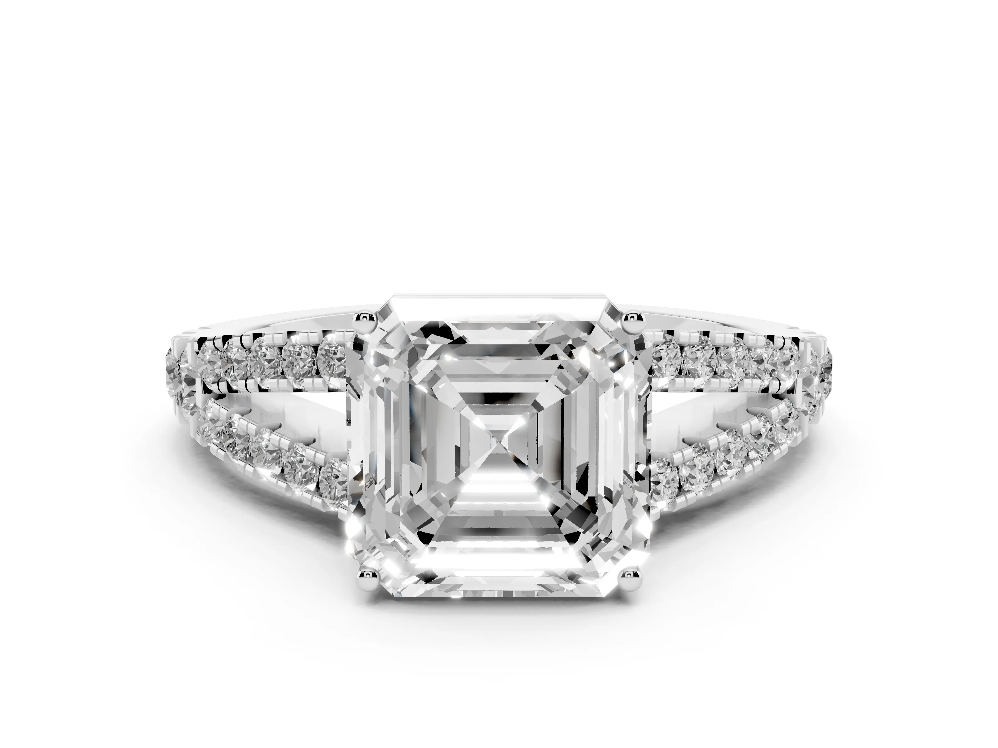 Asscher Cut Diamond Split Shank Engagement Ring Set in White gold with Round Pavé and Prong Setting