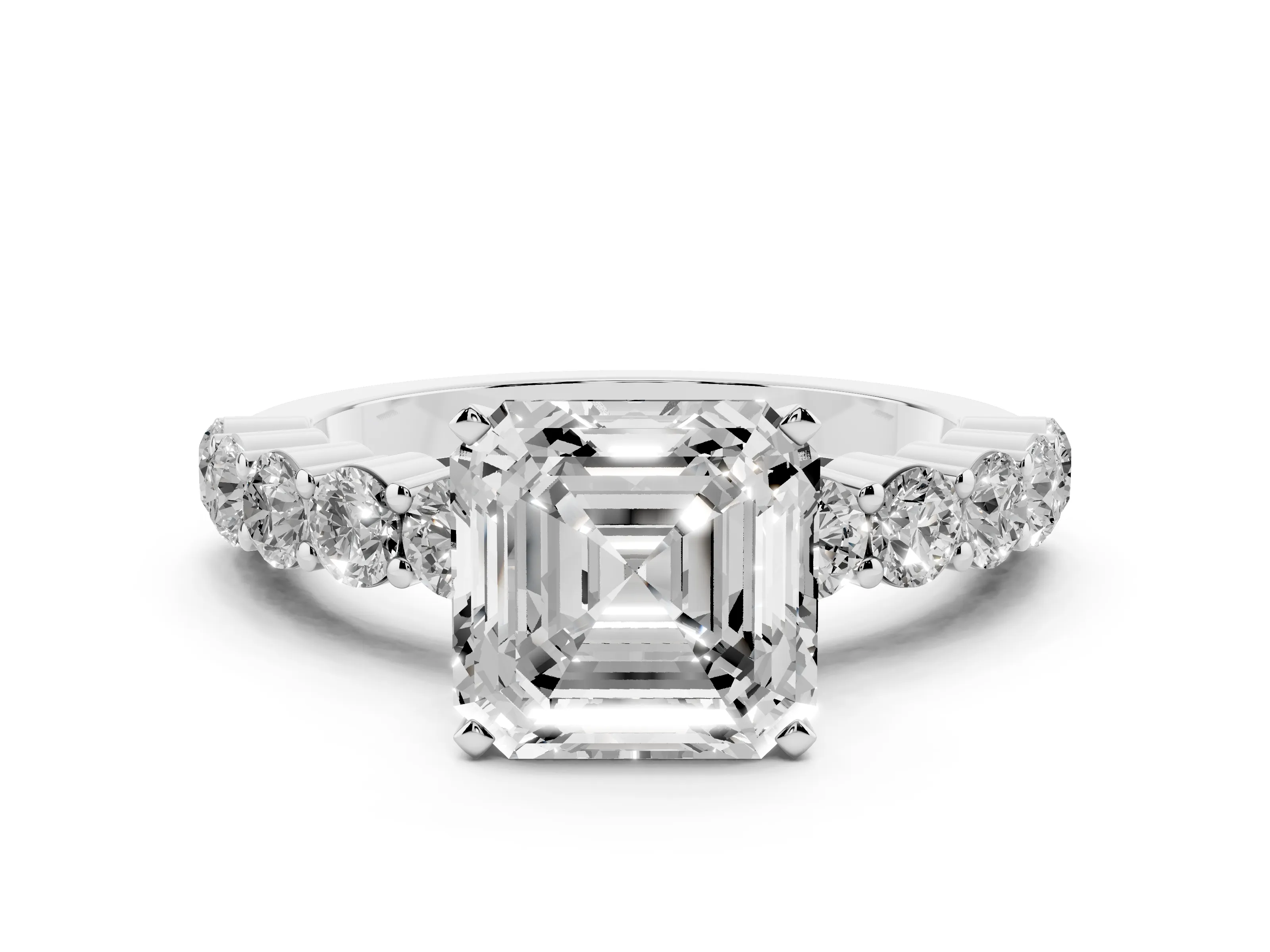 Asscher Cut Diamond Solitaire Ring Set in White gold with Shared Prong Round Side Stones