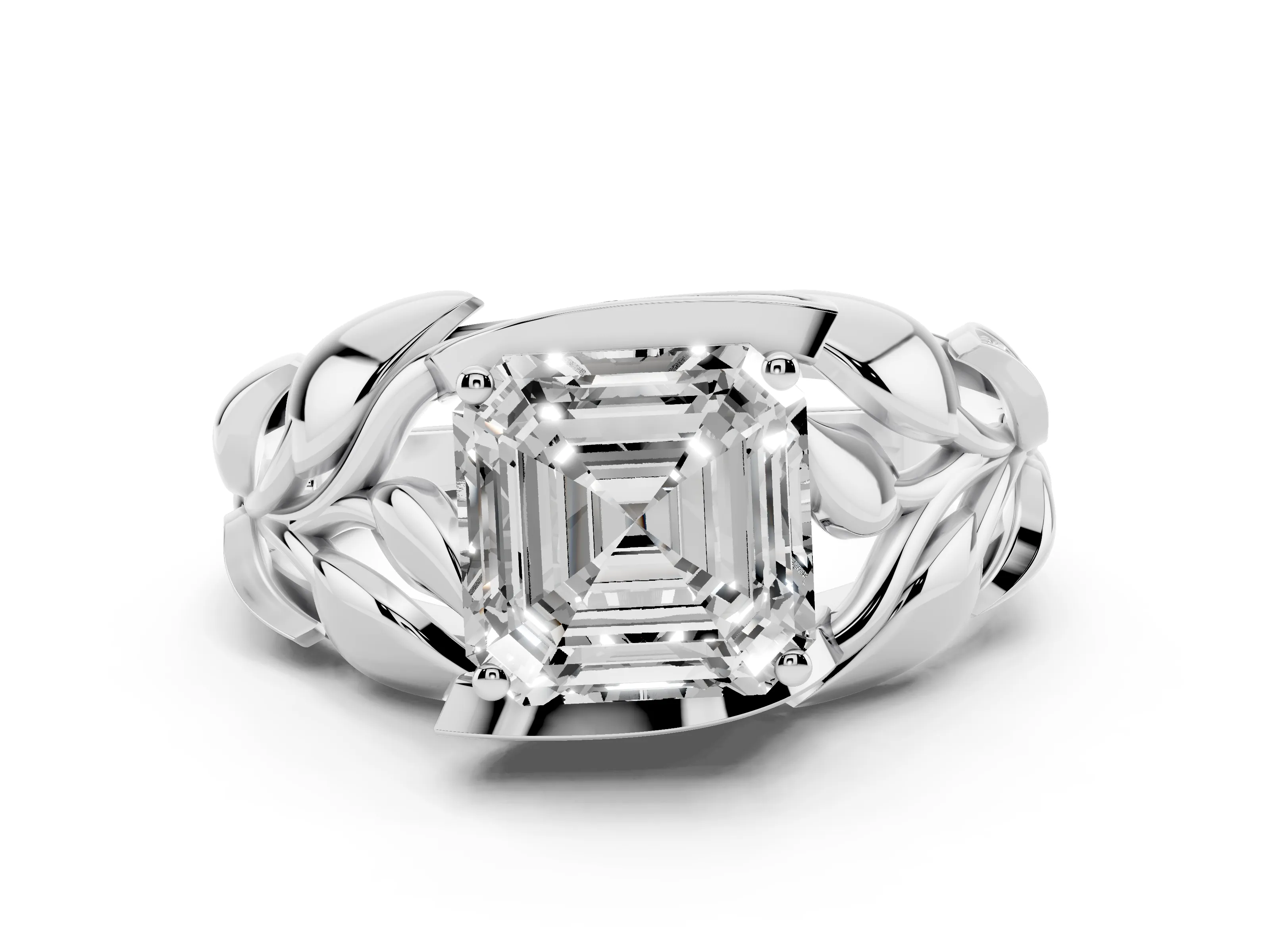 Asscher Cut Diamond Leaf-Inspired Engagement Ring Set in Platinum with Round Accents