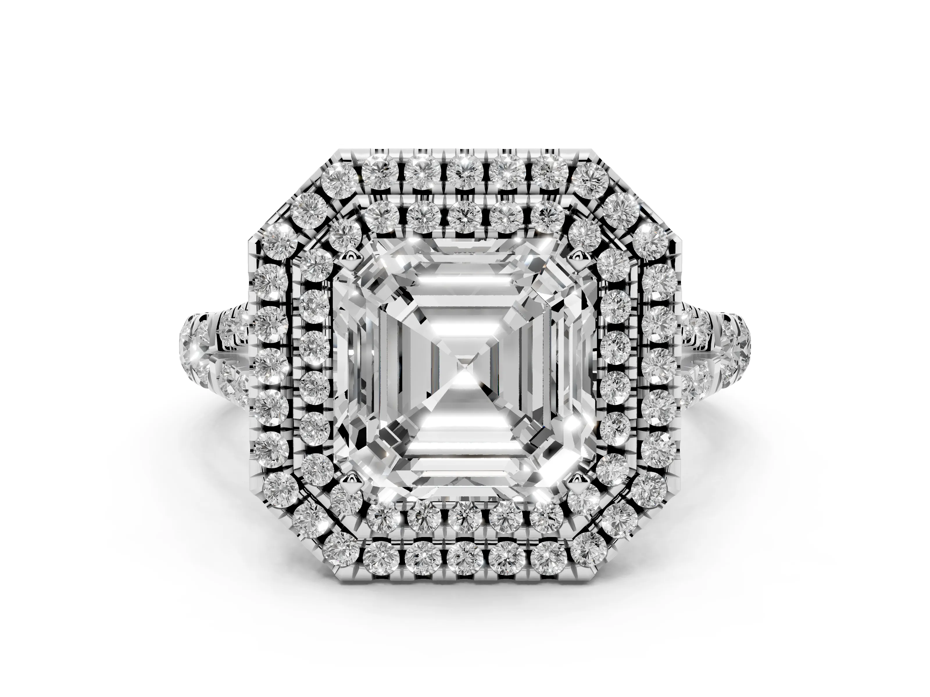 Asscher Cut Diamond Pavé Split Shank Double Halo Engagement Ring Set in Platinum