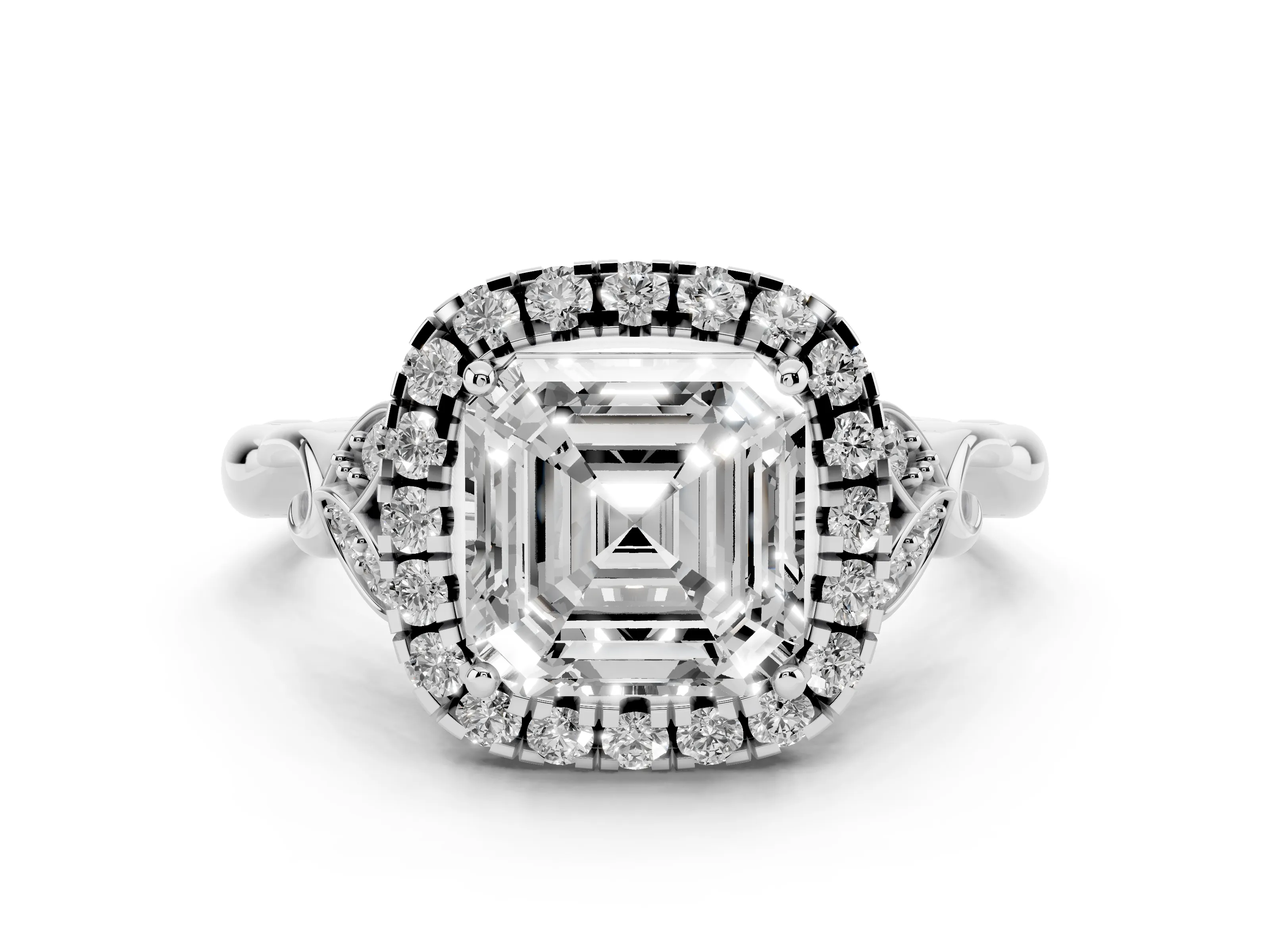 Asscher Cut Diamond Halo Engagement Ring Set in Platinum with Vintage-Inspired Band and Prong Setting