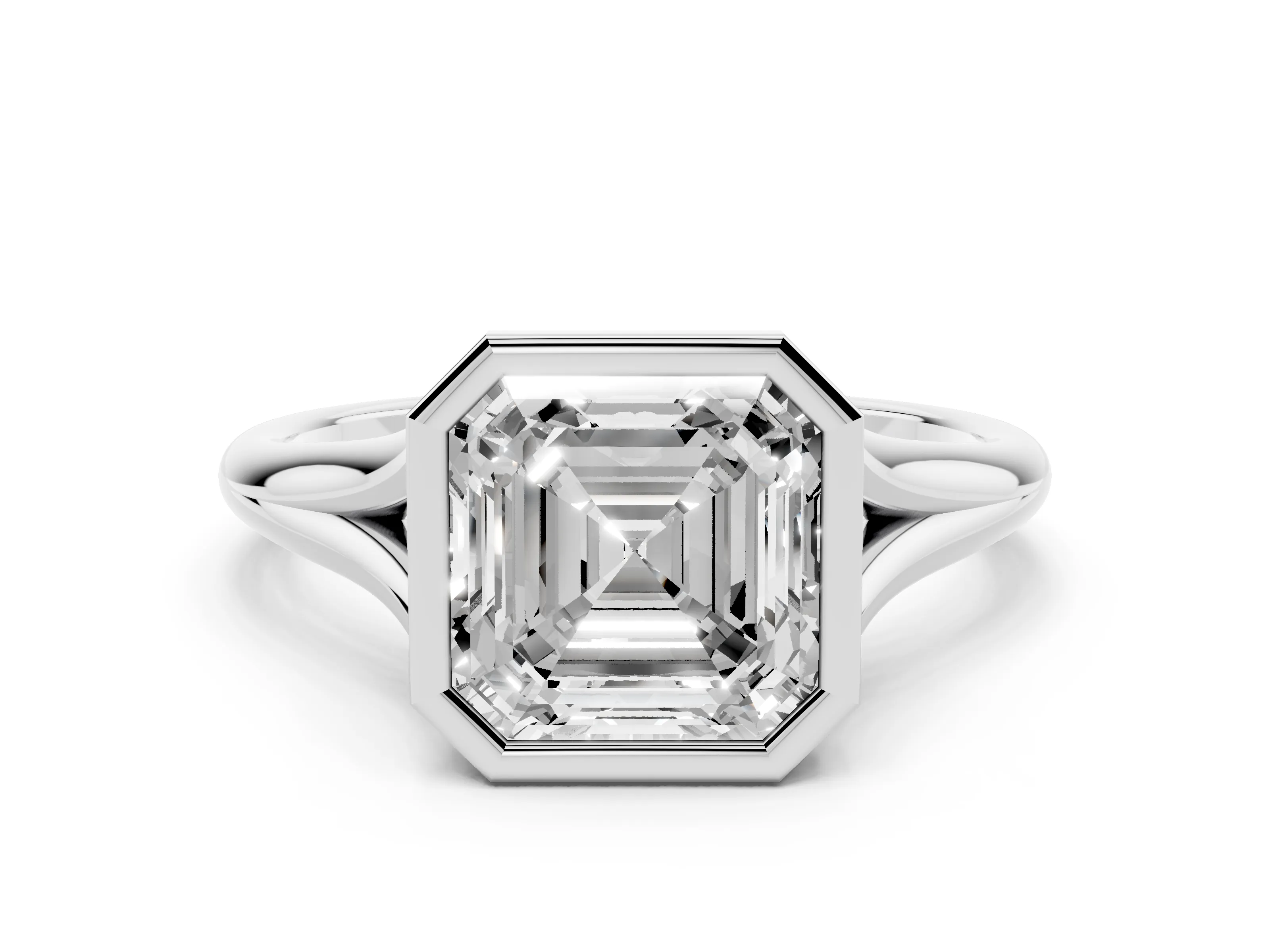 Bezel Set Asscher Cut Diamond Solitaire Ring Set in Platinum with Tapered Band