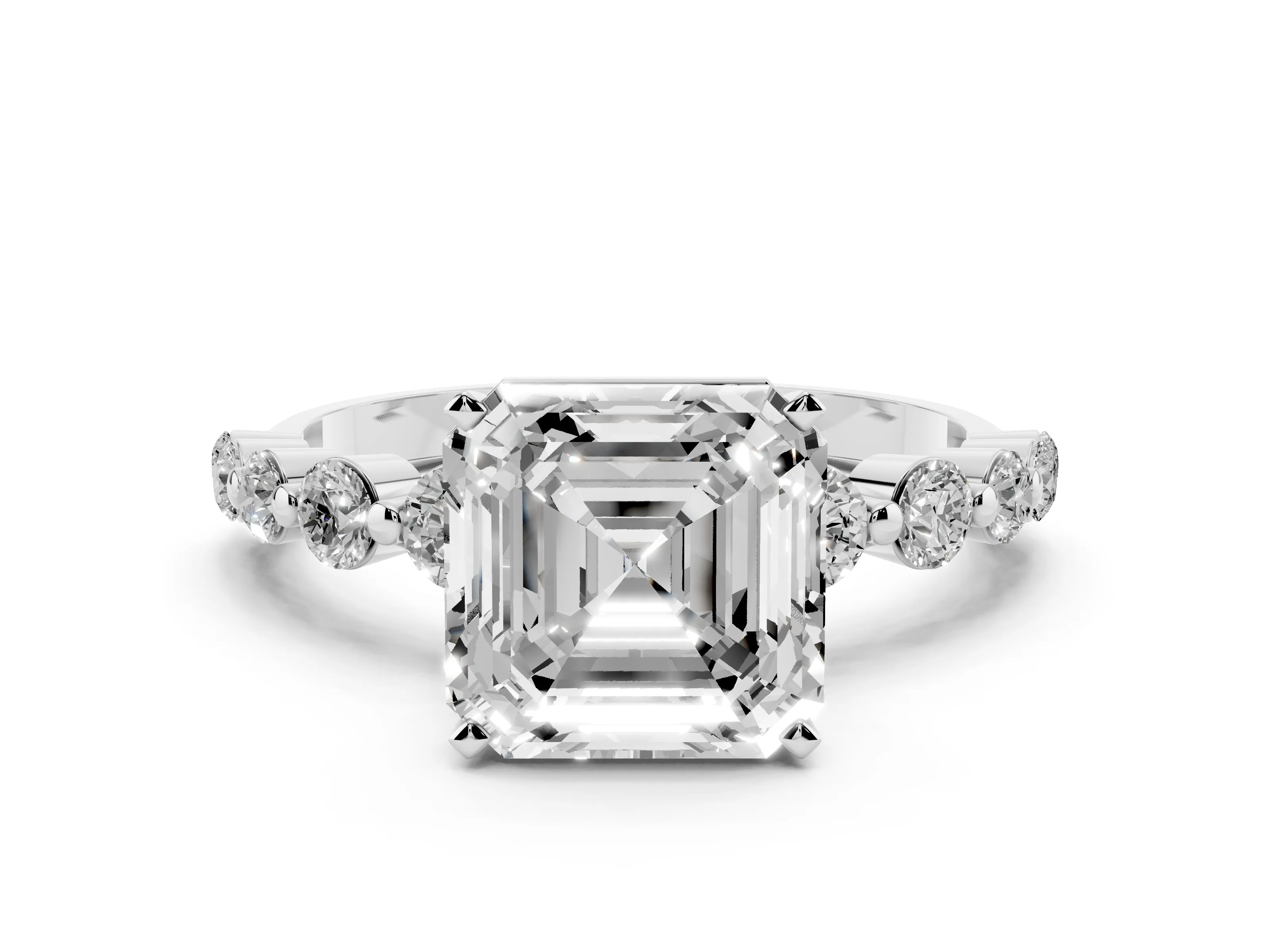 Asscher Cut Diamond Solitaire Ring Set in White gold with Pavé Band and Prong Setting