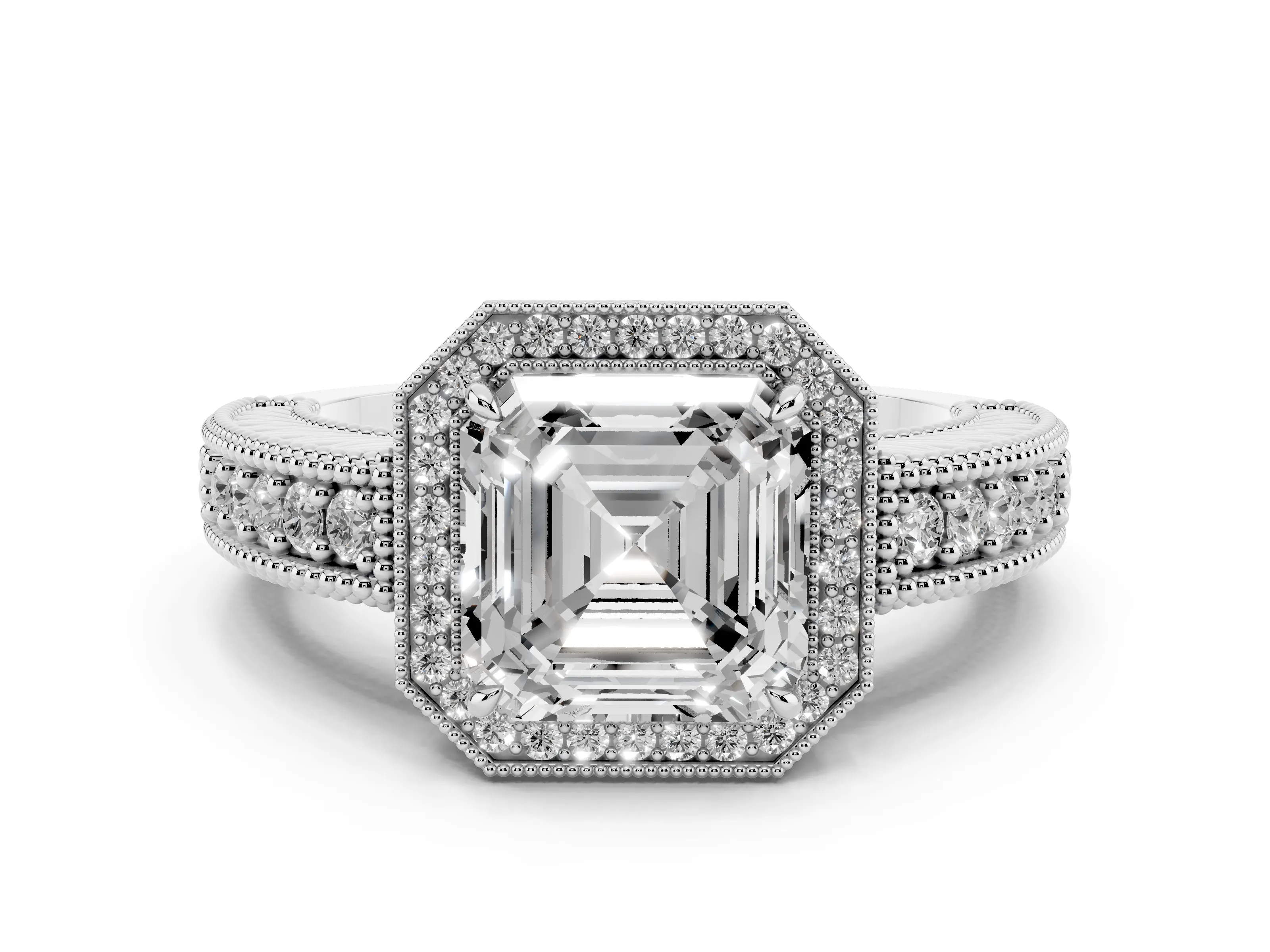 Asscher Cut Diamond Halo Ring Set in White gold with Round Accent Halo, Pavé Band and Prong Setting