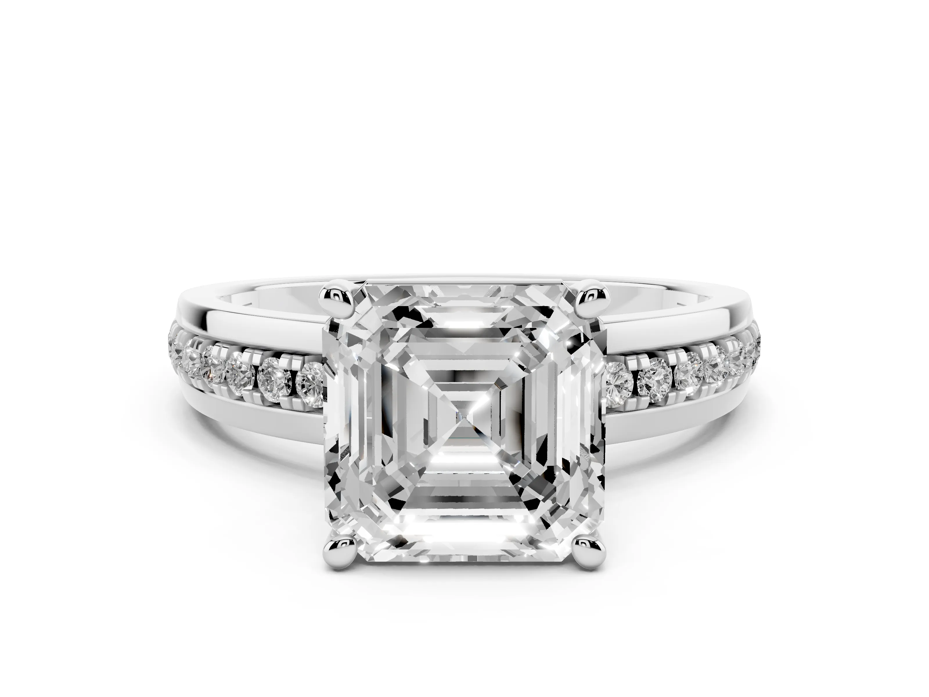 Asscher Cut Diamond Solitaire Ring Set in White gold with Channel Set Band and Prong Setting