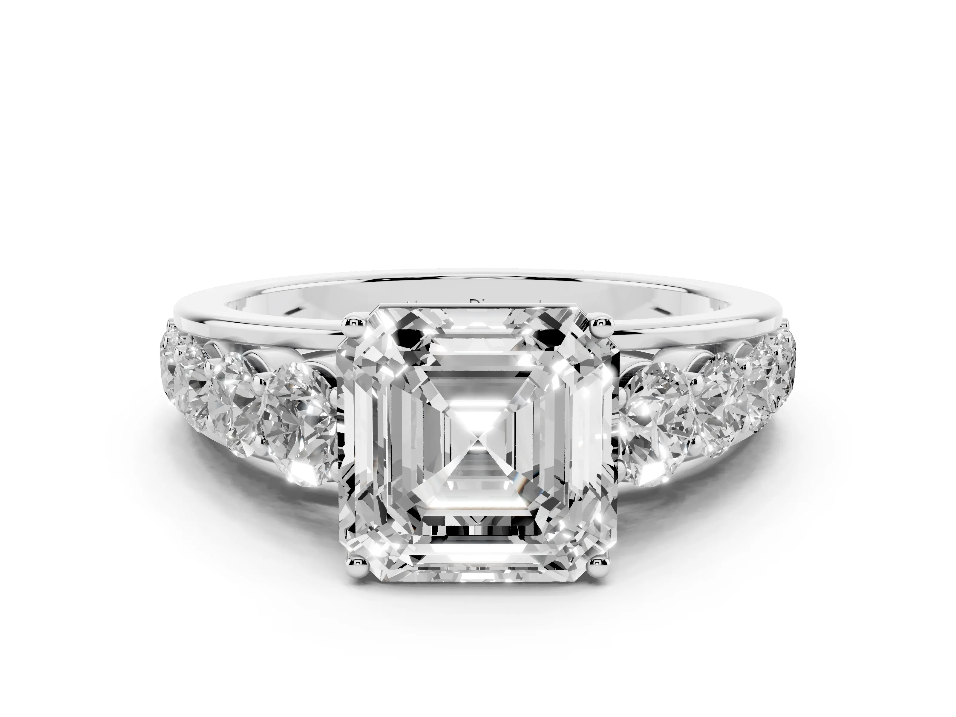 Asscher Cut Diamond Solitaire Ring Set in White gold with Pavé-Set Band and Prong Setting