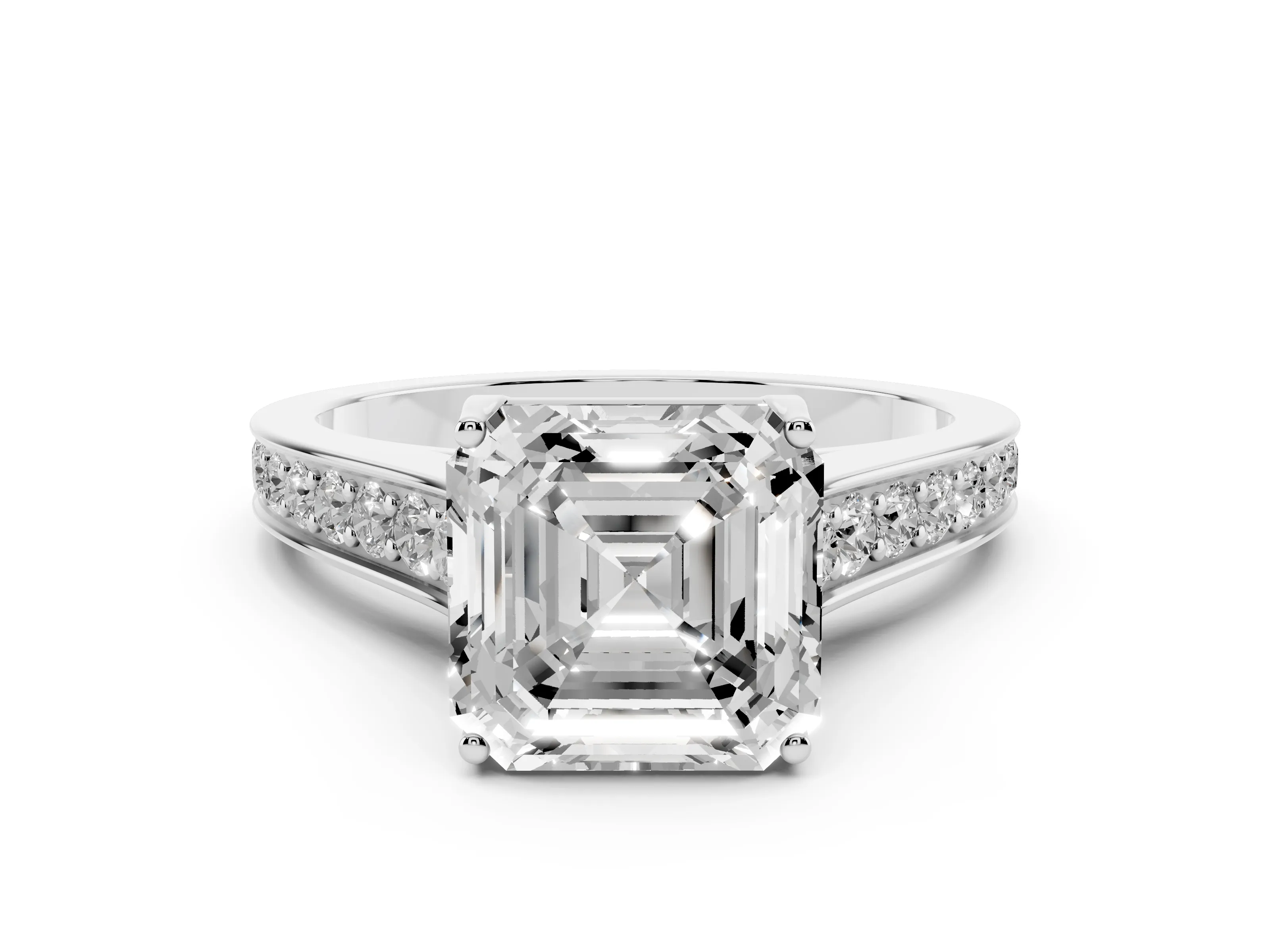 Asscher Cut Diamond Solitaire Pavé Engagement Ring Set in White gold with Prong Setting