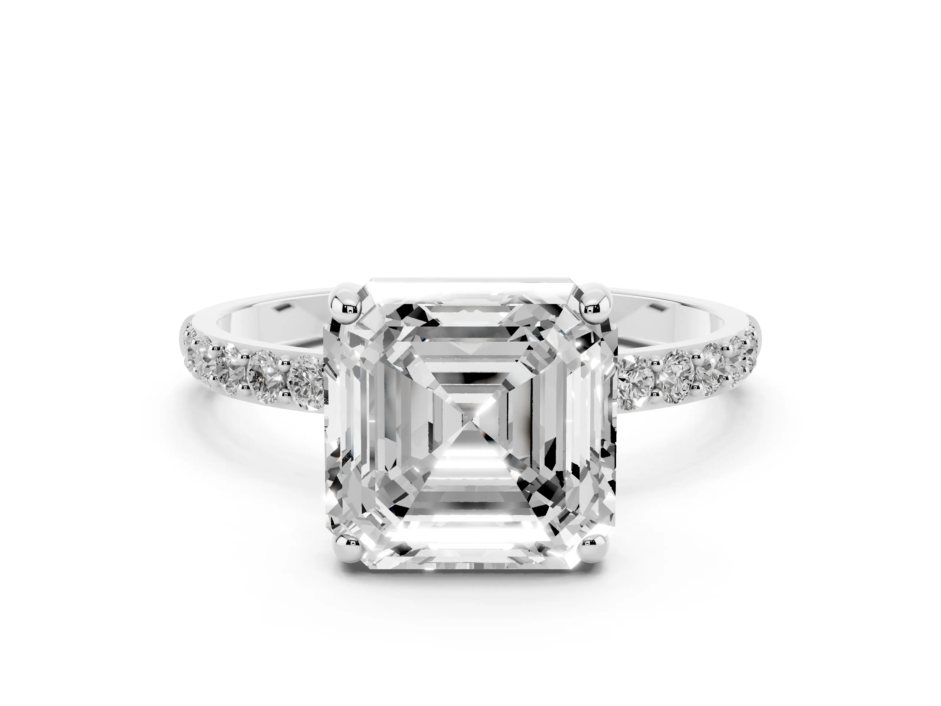 Asscher Cut Diamond Solitaire Ring Set in Platinum with Round Pavé Band and Prong Setting